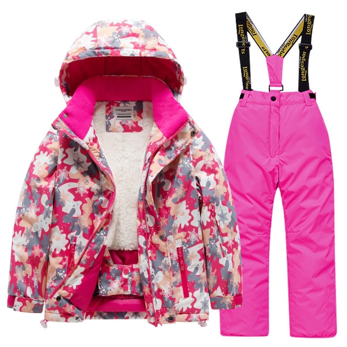 BRONG Tuta da neve impermeabile per bambini, giacca da sci invernale in pile con cappuccio staccabile + pantaloni da neve per ragazze e ragazzi tuta da sci per snowboard