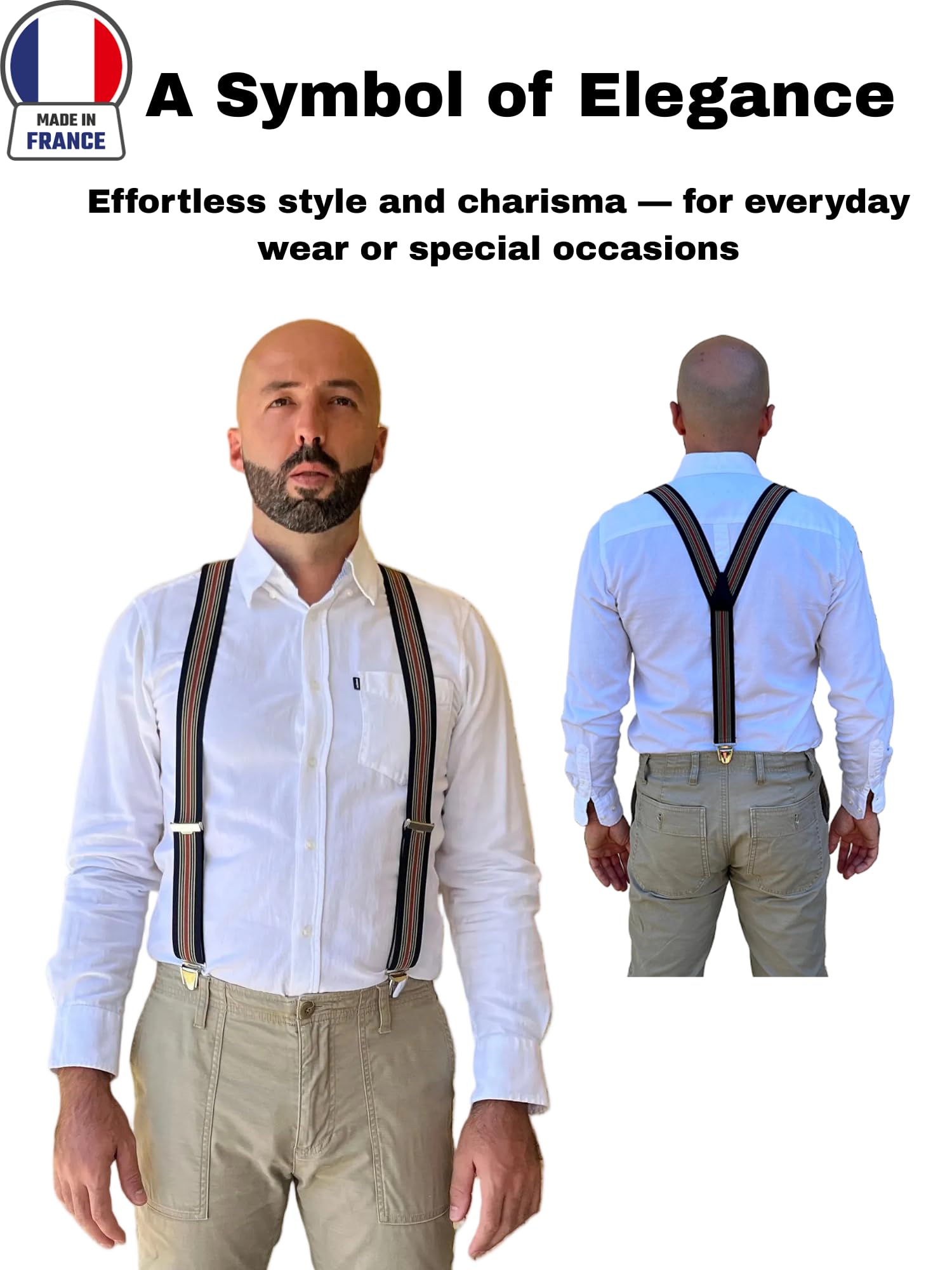 Tirantes anchos para hombre en Y Made in France – Tirantes elegantes y clásicos – Espalda 100% piel – Tejido resistente elástico – 3,5 cm x 120 cm – Pinzas fuertes para sujetar los