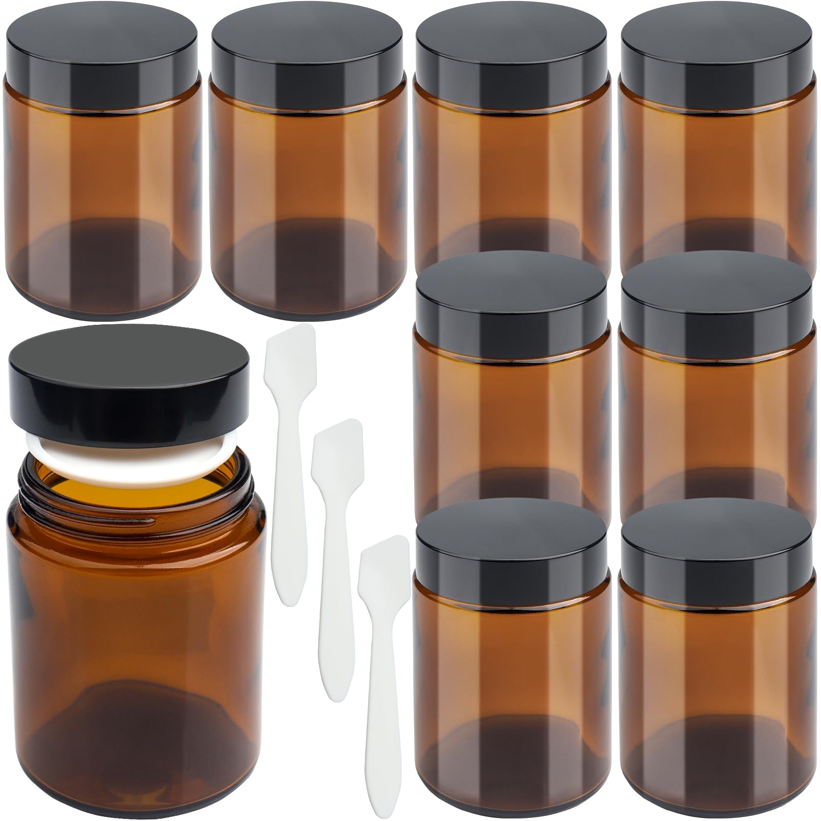 150ml 8pack Amber Glass Jars,Empty Cosmetic Jars with Black Lids, Face Cream Lotion Storage Jars with Cosmetics, Powder, Lotion, Creams，Travel Favors (150ml)