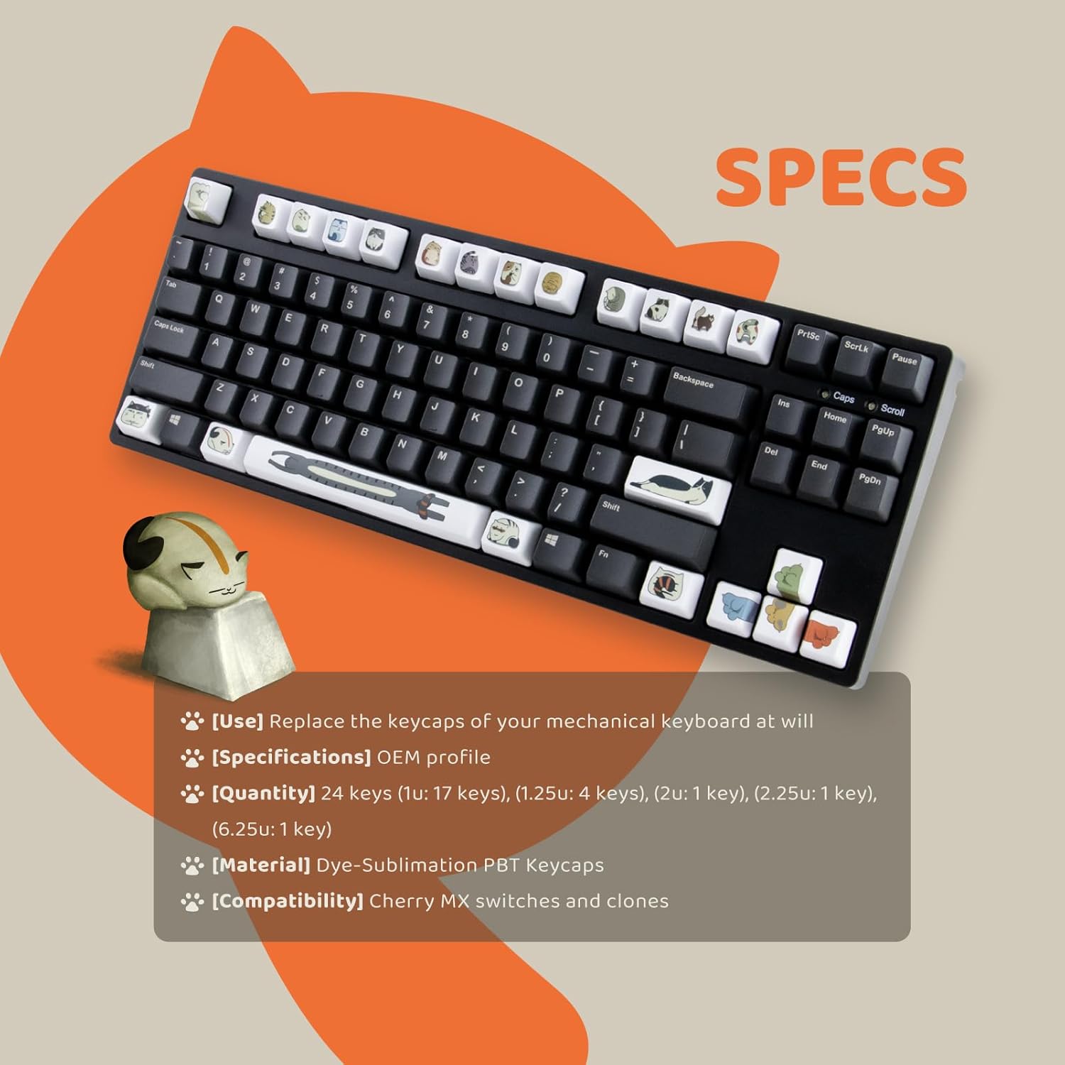 BAROCCOMiSTEL QKA KEEB QKAT KEYCAP, Novelty kit, OEM Profile, PBT Keycaps, 24 Keys, MX Compatible Switches