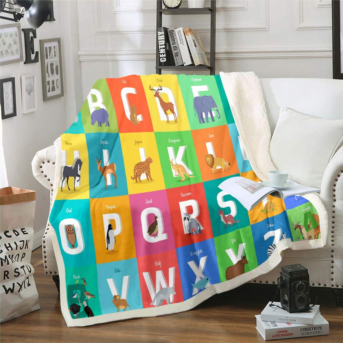 English Table Plush Blanket Colorful Grid Geometric Fleece Throw Blanket for Kids Boys Girls Cartoon Animals Print Sherpa Blanket Early Education Fuzzy Blanket for Sofa Bed Couch Double 60x79 Inch