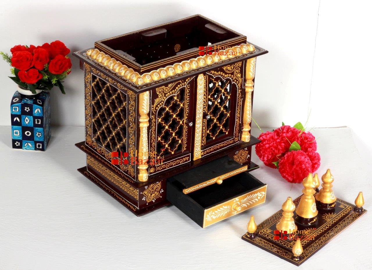 Tempio Domestico In Legno Handmade Rajasthani - 45x30x50cm, Per Pooja, Mandir, Con Cassetto