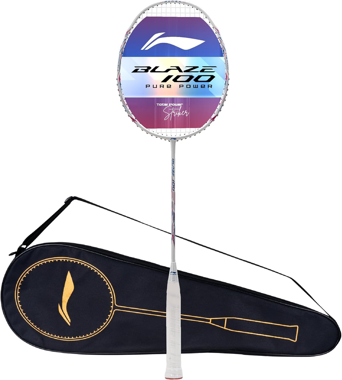 Li-Ning Blaze 100 Carbon Fibre Strung Badmiton Racket with Free Full Cover (Pearl White/Blue/Pink, 78 Grams)