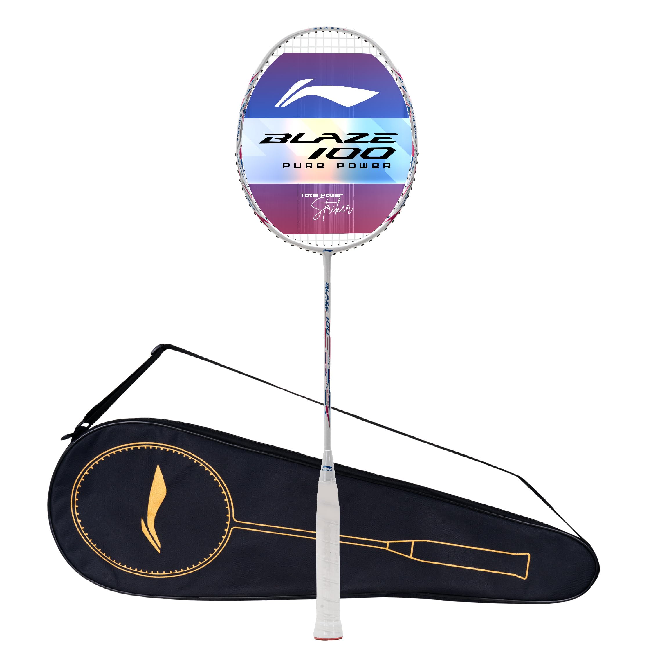 Li-Ning Blaze 100 Carbon Fibre Strung Badmiton Racket with Free Full Cover (Pearl White/Blue/Pink, 78 Grams)
