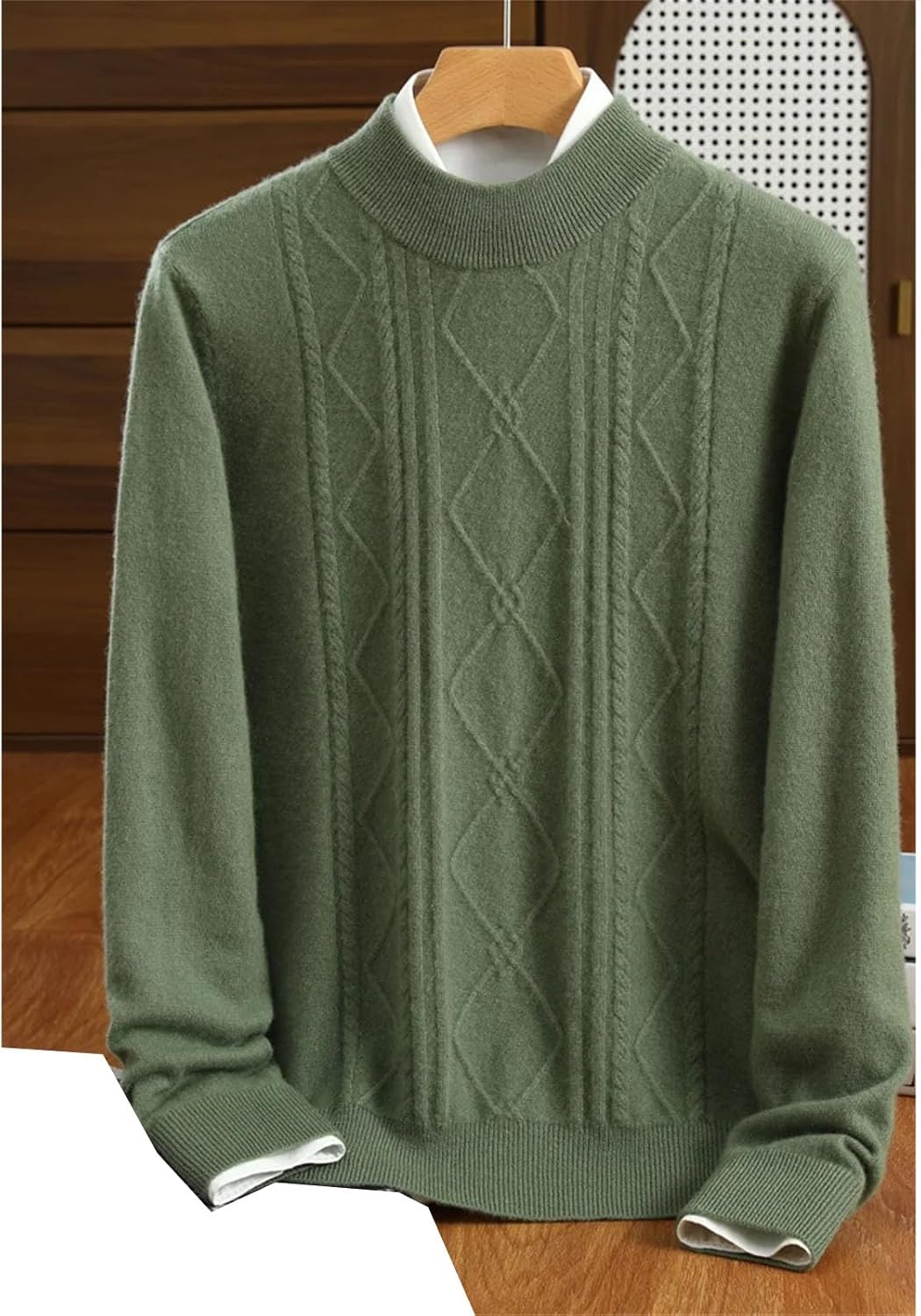 Men Wool Sweater Twist Flower Pullover Mock Neck Cashmere Knitwear Long Sleeve Coat