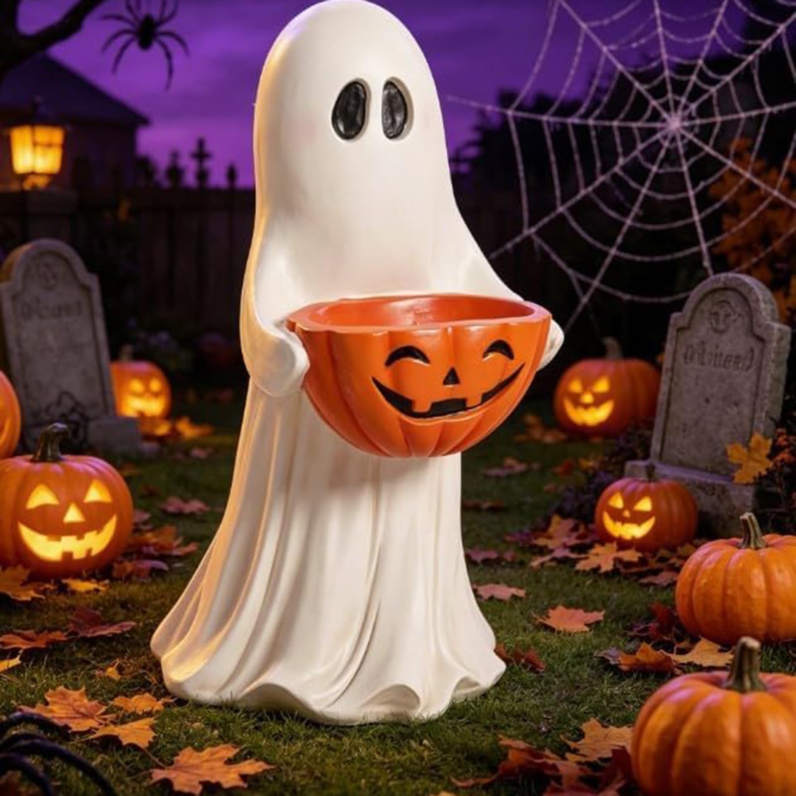 13.7 Inch Halloween Ghost Figurine with Pumpkin Candy Bowl