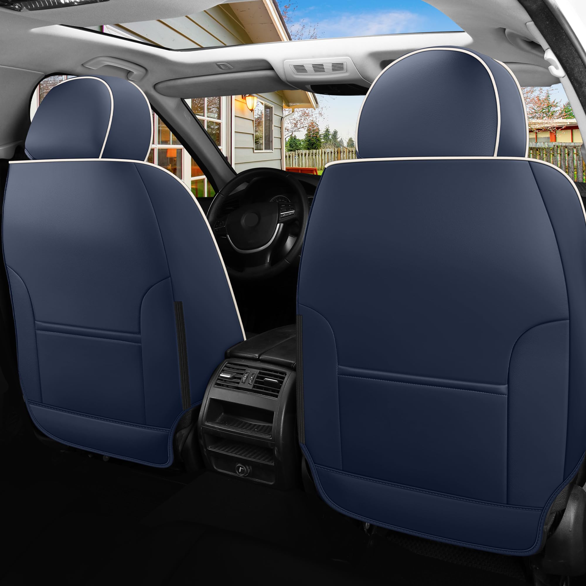 Full Coverage Blue Car Seat Covers Universal Seat Covers Leather Auto Seat Cushion Covers (R-Blue+White) — view 3