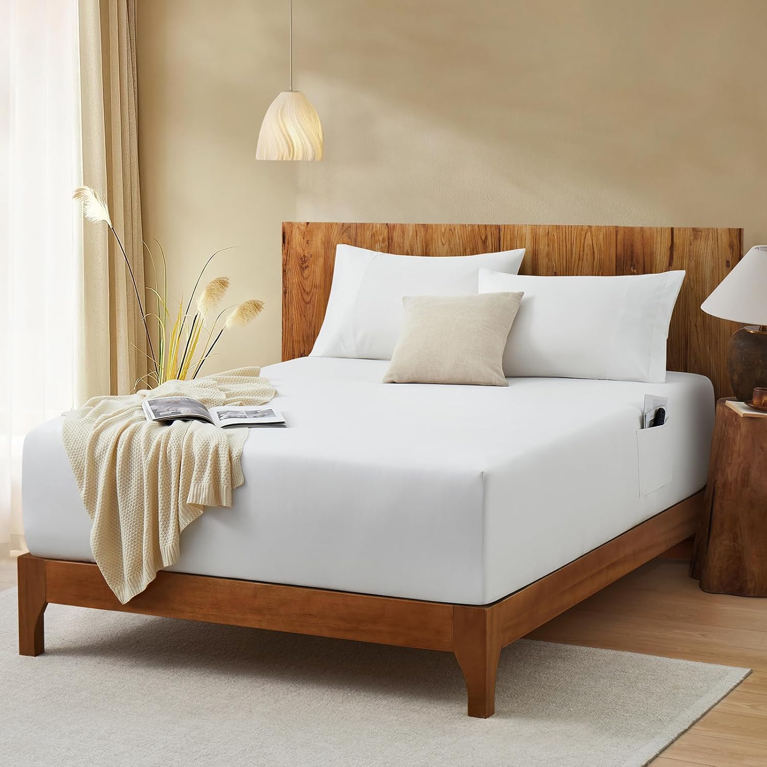 Vonty White Queen Extra Deep Pocket Fitted Sheet Set with Side Pockets