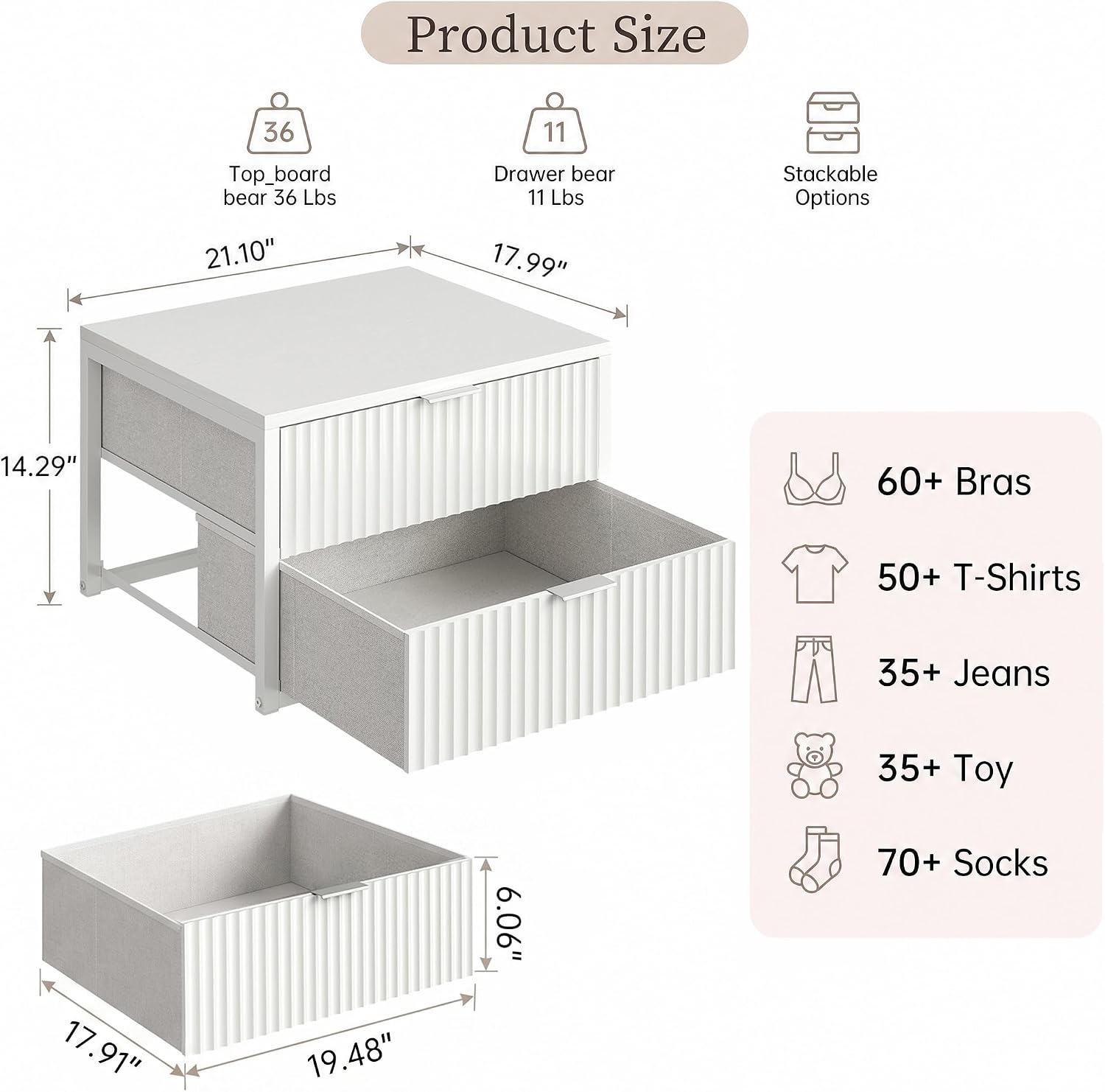 2 Pack Stackable Closet Drawers, Wave Fluted Dresser with Fabric Drawers