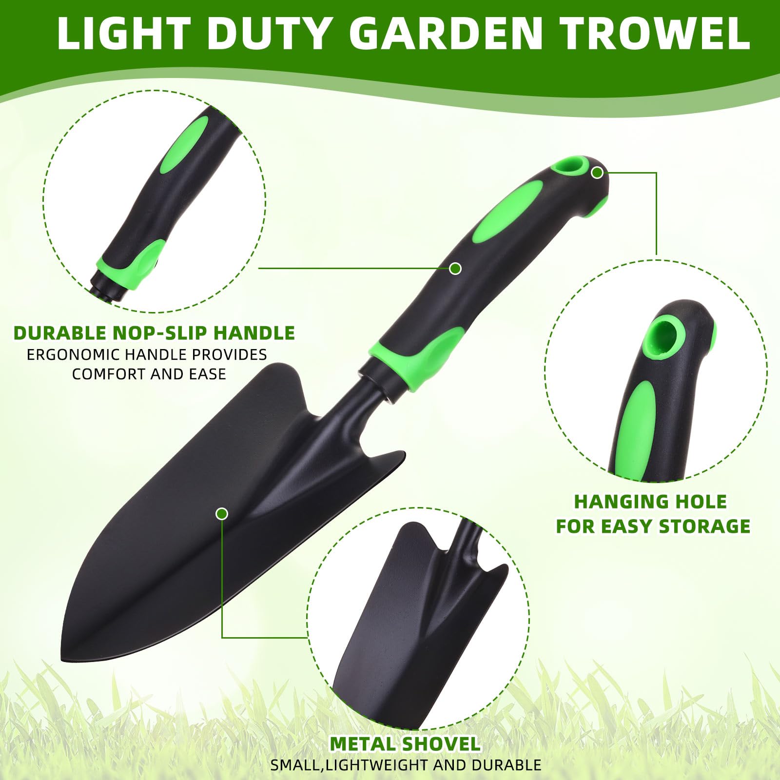 Yaocom Gartenschaufel aus Aluminiumlegierung, robuste Kelle, Gartenwerkzeug, kleine Schaufeln zum Graben, Metall-Handkelle, Spaten mit weichem TPR-Griff für Rasen, Hof, Bauernhof, Haus, Geschäft,