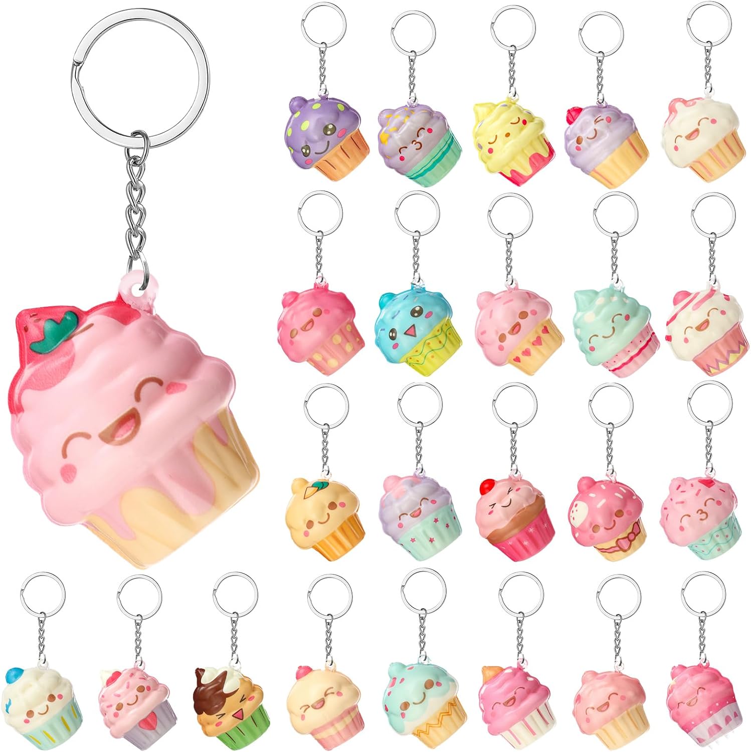 Hollowfly 24 Pcs Cupcake Stress Balls Keychains Charms Bulk Cute Birthday Cake Squeeze Stress Relief Keychains for Employee Coworker Staff Team Birthday Party Favors