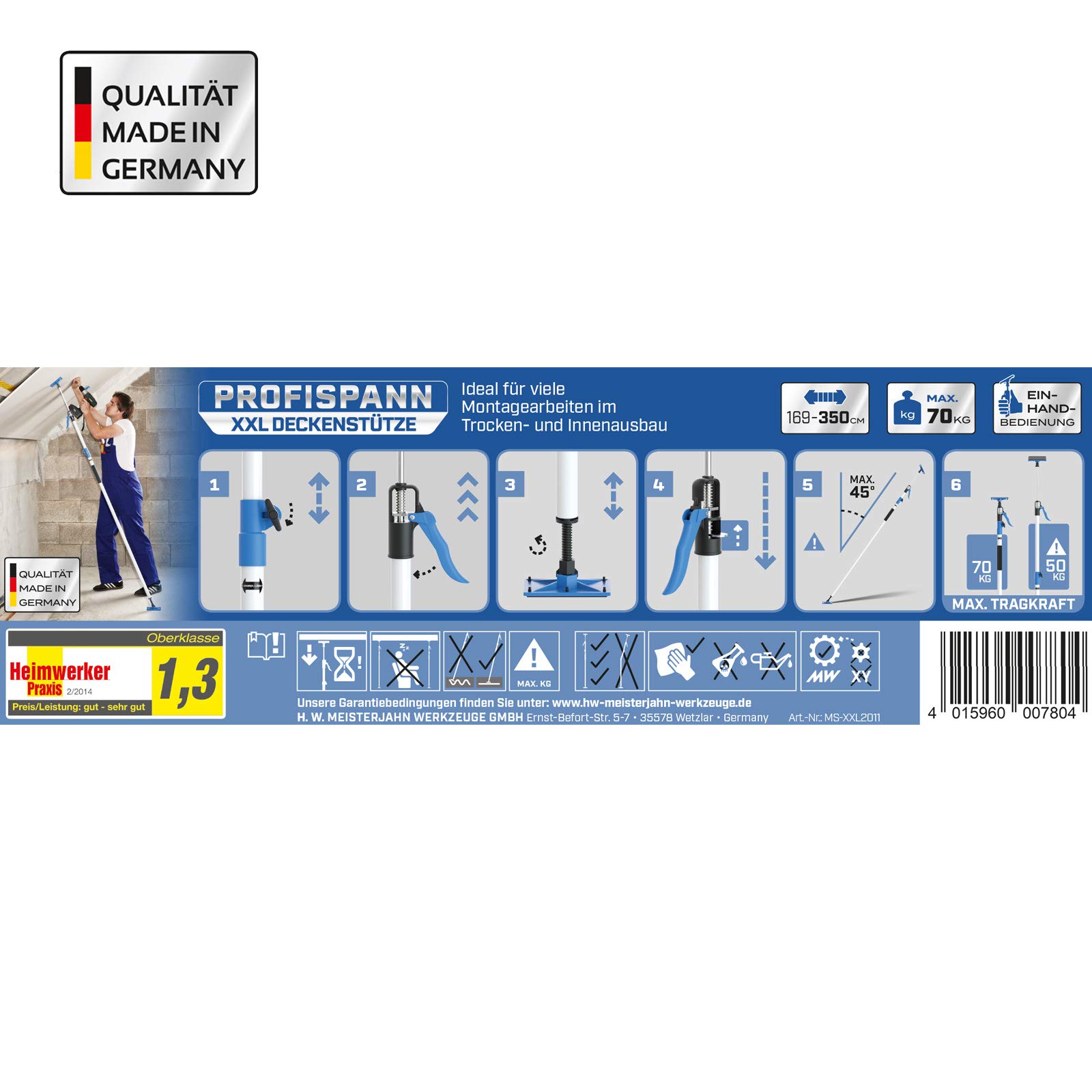 1x PROFISPANN® XXL Deckenstütze 169-350cm - Bis 70 kg - Made in Germany - Die Schnellspann-Stütze, Baustütze, Teleskopstütze mit innovativem 3-Spannsystem - MS-XXL2011