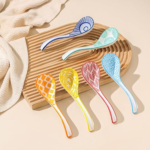 Miniatura 3 de Selamica Juego de 6 cucharas asiáticas de sopa de cerámica, cucharas de ramen de 6.3 pulgadas, estilos japonés y chino, varios colores