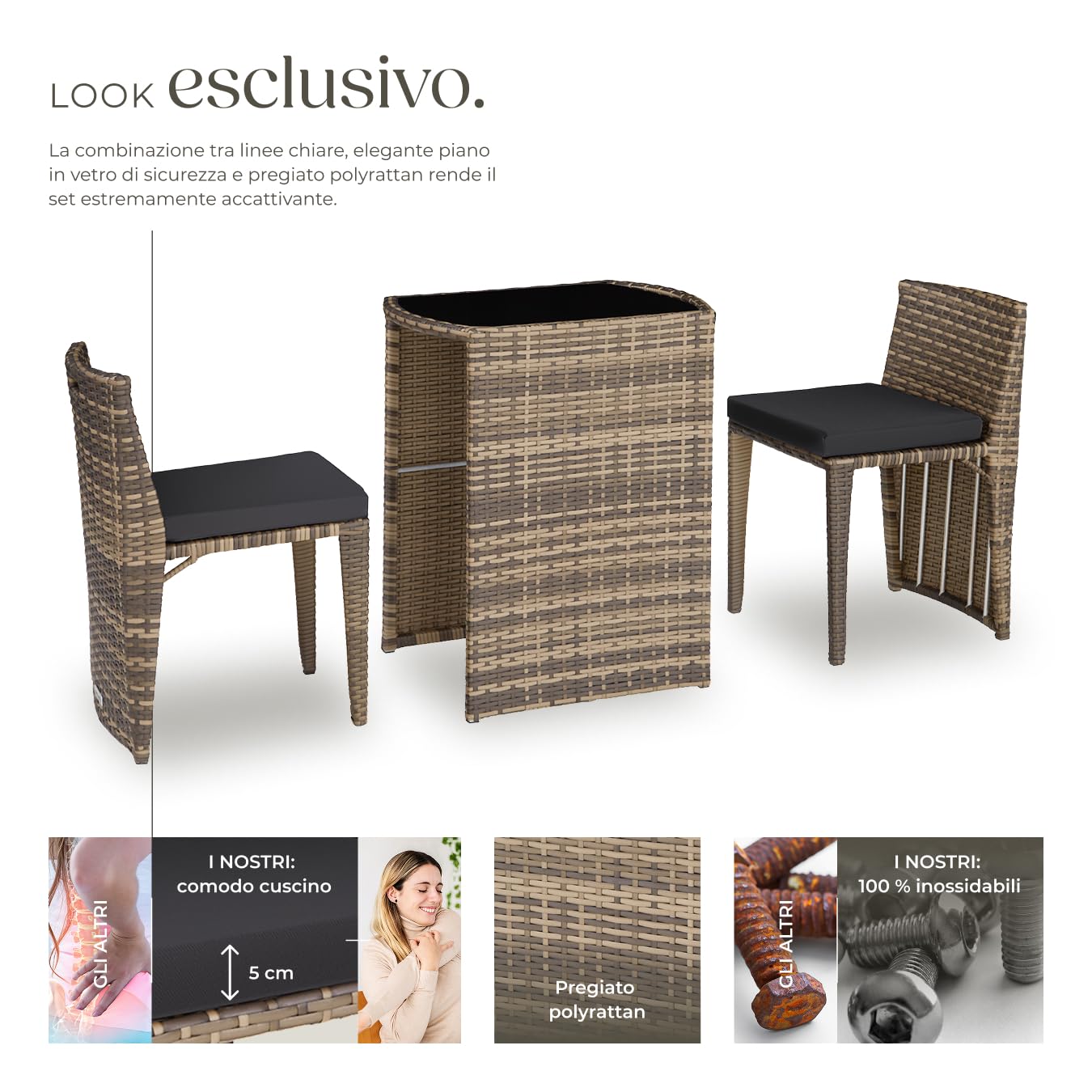 Set Bistrot Rattan Amburgo con Cuscini Idrorepellenti e Telaio in Alluminio