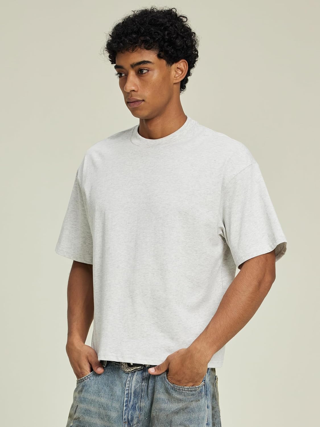 QJT Cropped Oversized Men's T-Shirts Cotton Fashion Boxy T Shirt Short Sleeve Crew Neck Tee for Men - Image 6