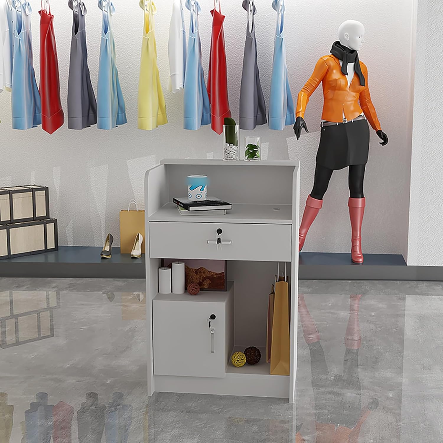 Company Counter Front Desk,Reception Desk with Counter,Retail Counter for Checkout,Modern Welcome Desk Home Office Desk,with Lockable Drawers,for Salon Reception Room Checkout Office.(Color:Gray,Size: