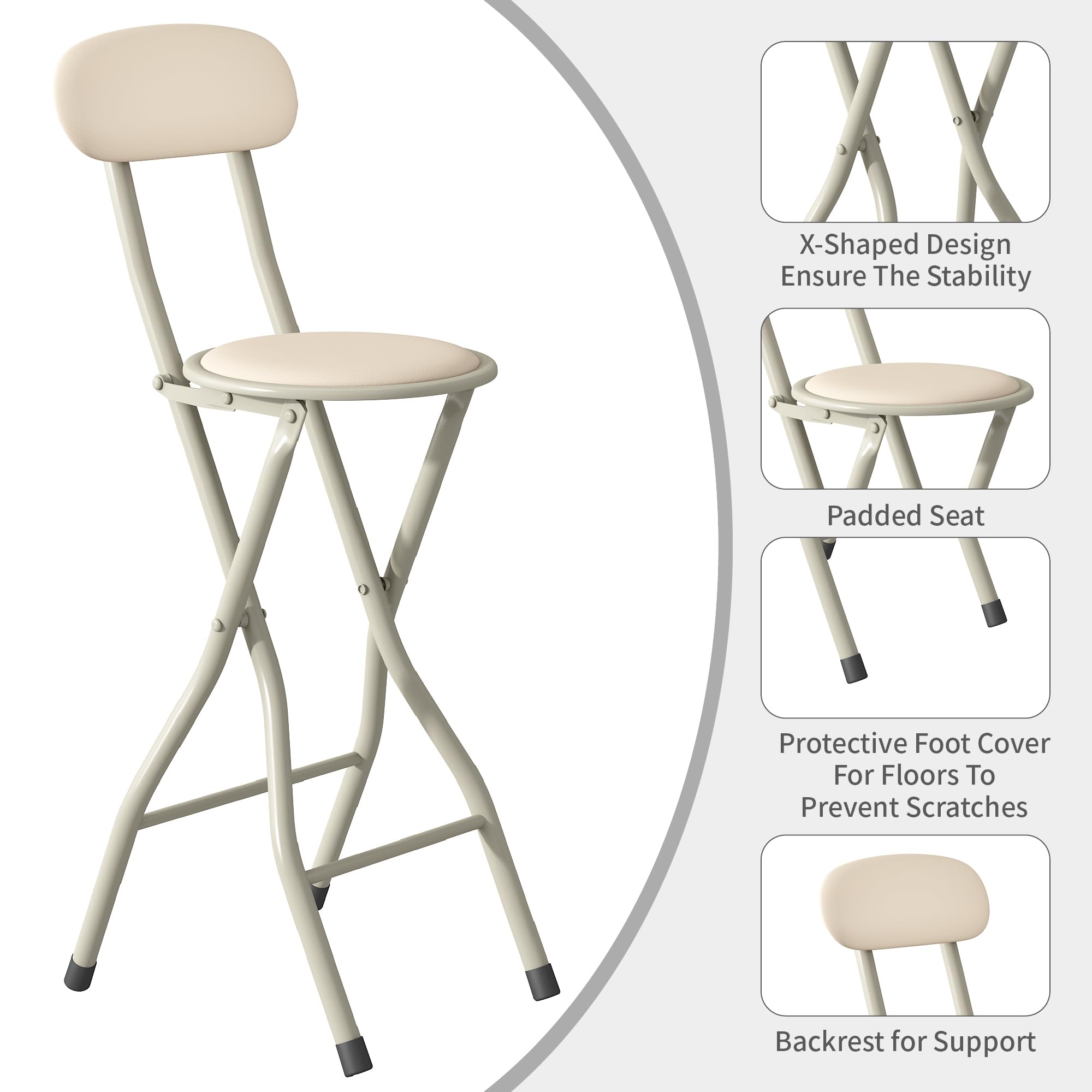 mcc direct Set di 4 sgabelli da bar pieghevoli per bancone della colazione, cucina e ristorante, sedie pieghevoli in ecopelle con struttura in metallo, sedie alte imbottite (beige)