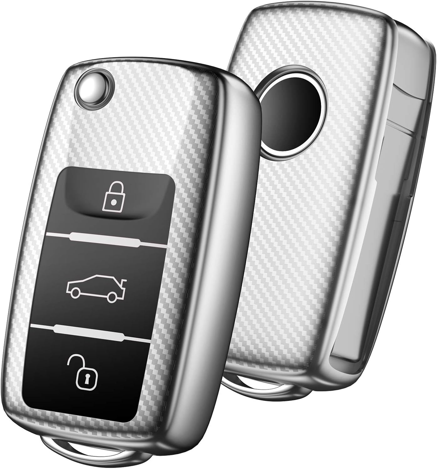 OATSBASF Car Key Cover Compatible with VW,Key Protective Case for VW Golf 4 5 6 Polo Skoda Seat TPU Silicone 3 Buttons Box (Silver-Stripe)