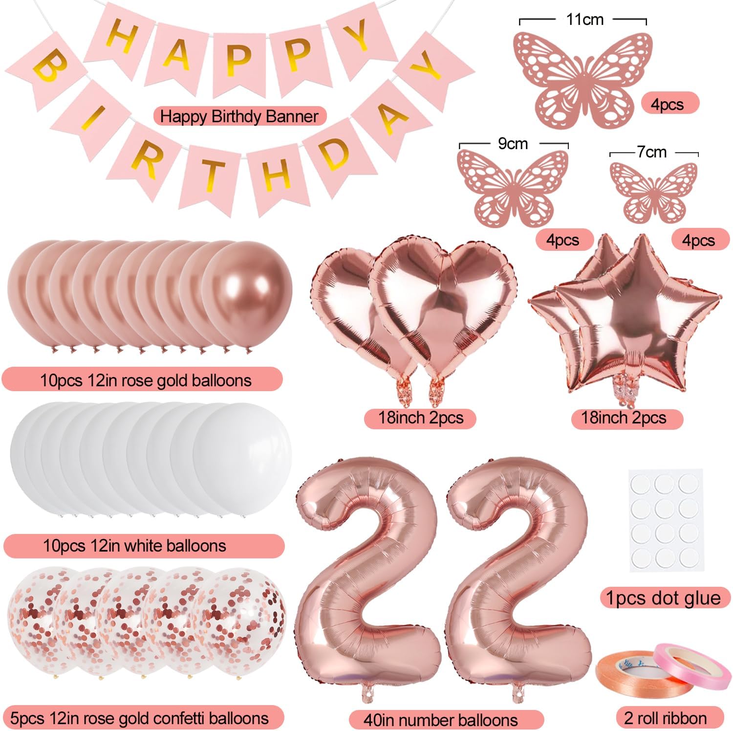Rose Gold 22th Birthday Decorations for Women, 22 Year Old Sign with Happy Birthday Banner, 40In Number 22 Foil Birthday Balloons, Butterfly Decorations, Heart and Star Balloons - Image 2