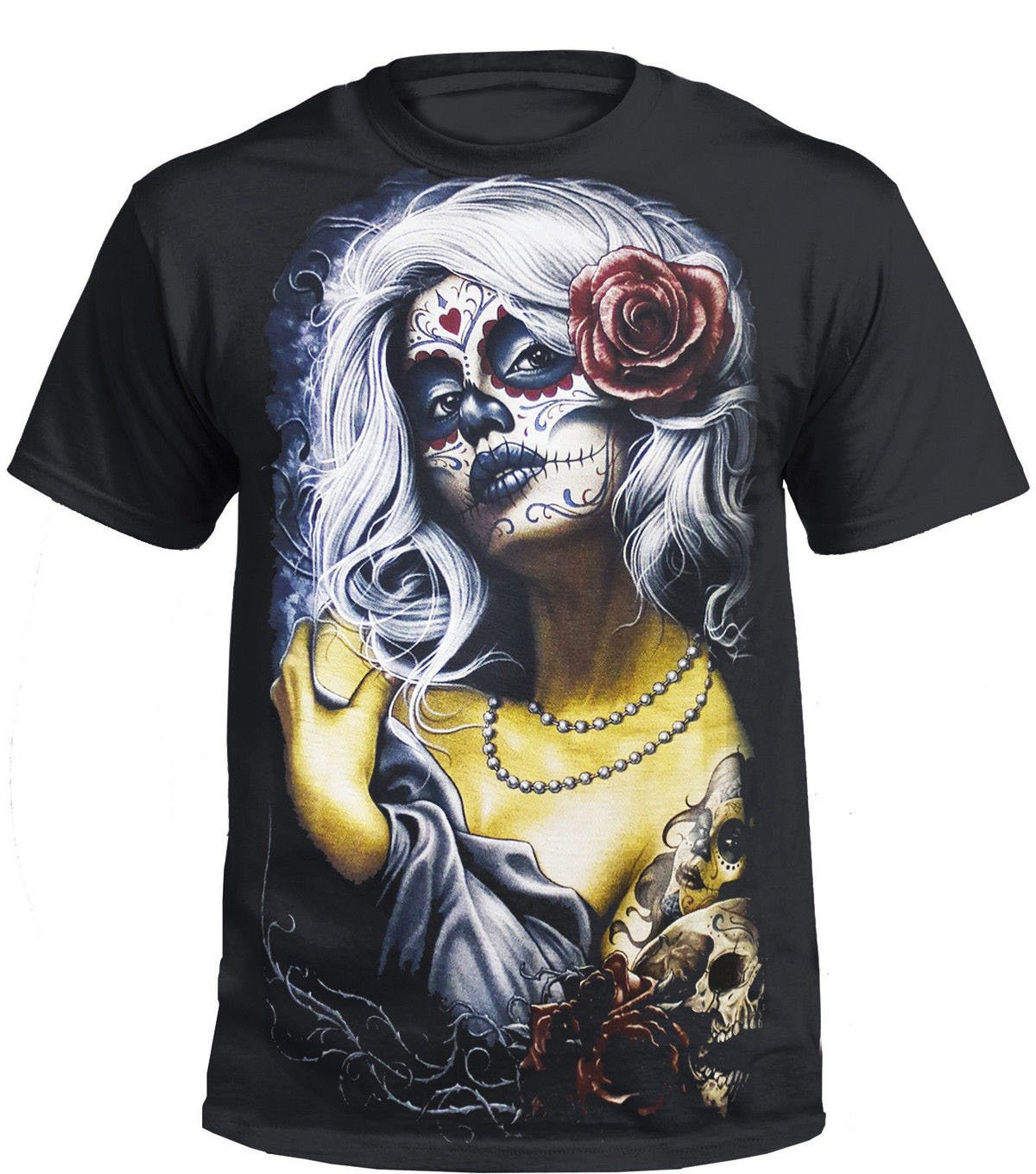 Trend Gear Men's Black New Rose Skull T-Shirt,Tattoo Rock Metal Biker Goth Mexican Sugar Skull Day Of The Dead Top (Xxl)