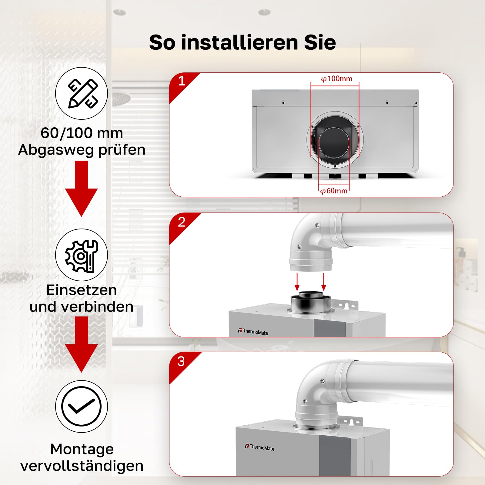 ThermoMate Horizontales Konzentrisches Zuluft-/Abgasrohr-Set für innenbereich Gas-Durchlauferhitzer - 60/100mm x 930mm (mit 90° Bogen)