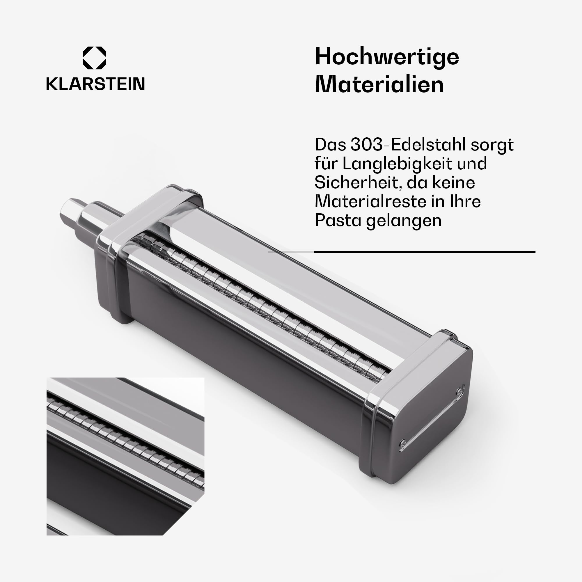 Klarstein Chiara Küchenmaschine Nudelaufsatz 3-in-1 Pasta-Zubehör Edelstahl Spülmaschinenfest 8 Stufen Fettuccine Spaghetti-Schneider
