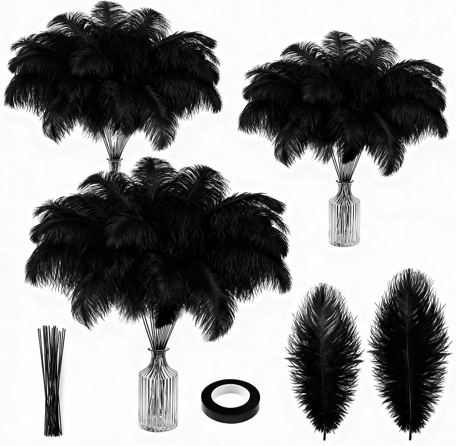 Piokio 100 Pcs Large Natural Black Bulk Ostrich Feathers, 14-16 Inch 12-14 Inch 10-12 Inch 8-10 Inch Ostrich Feathers Plumes for Wedding Party Decoration, Centerpieces Home Decor Flower Arrangement