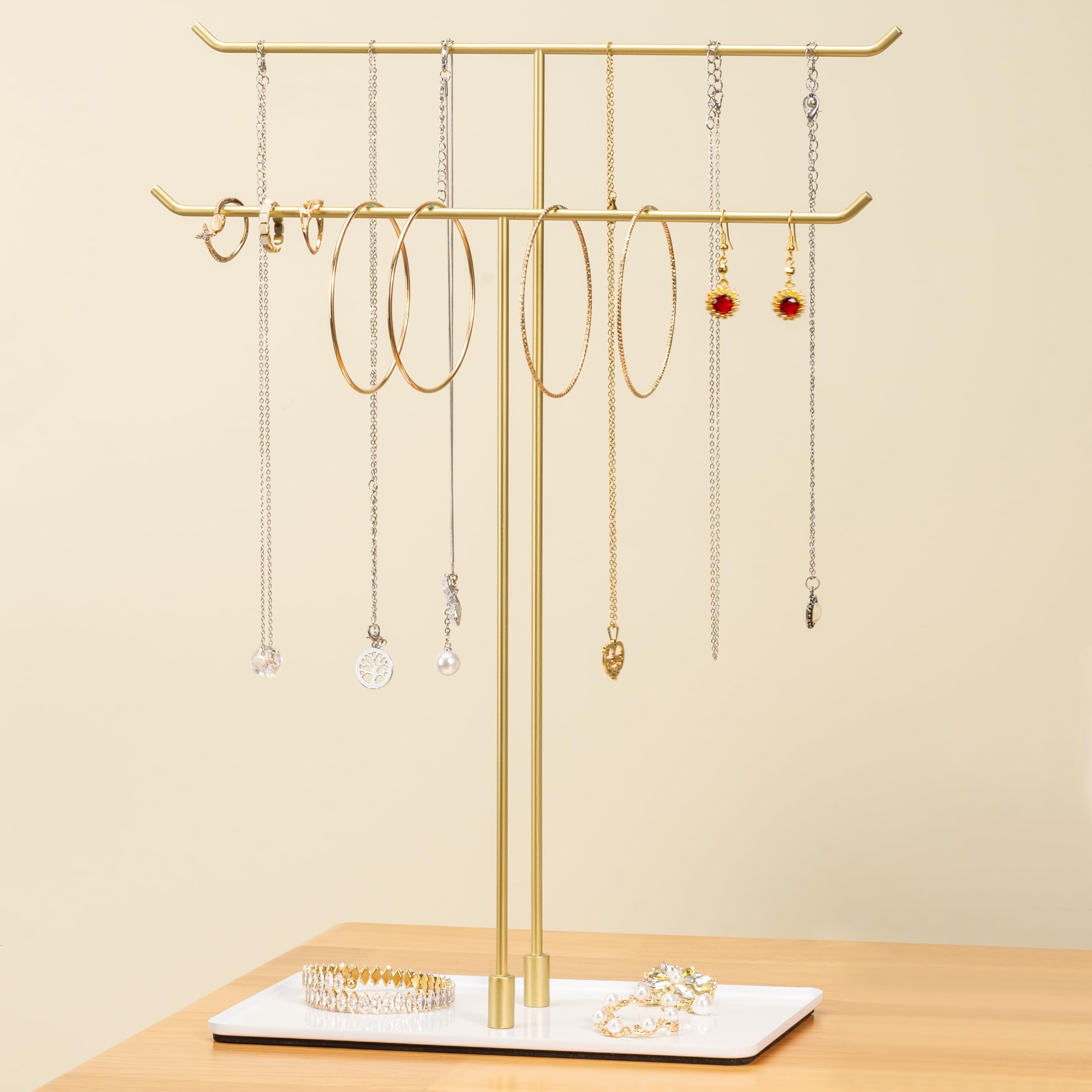 Bussdis Jewelry Stand Organizer - 2-Tier Metal Necklace & Bracelet Holder For Vanity (Gold & Black) - View #2