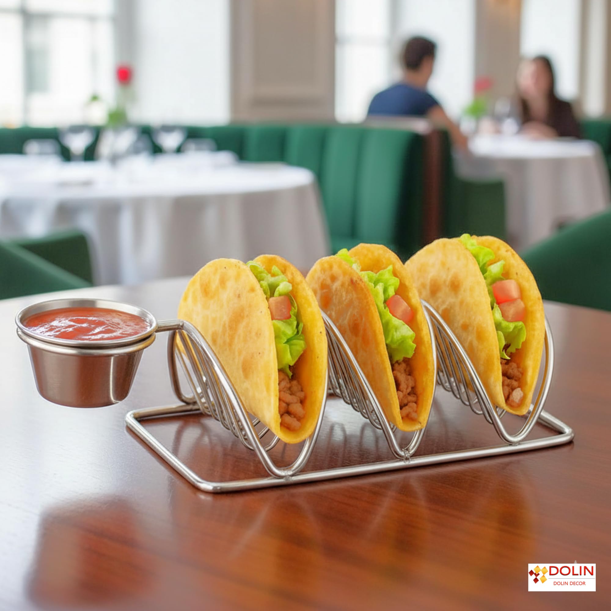 Dolin Decor Premium Stainless Steel (Ss) Taco Holder Stand with Dip Bowl β Stylish and Durable Taco Shell Serving Rack for Parties (Silver) (Silver, Set of 1) 2