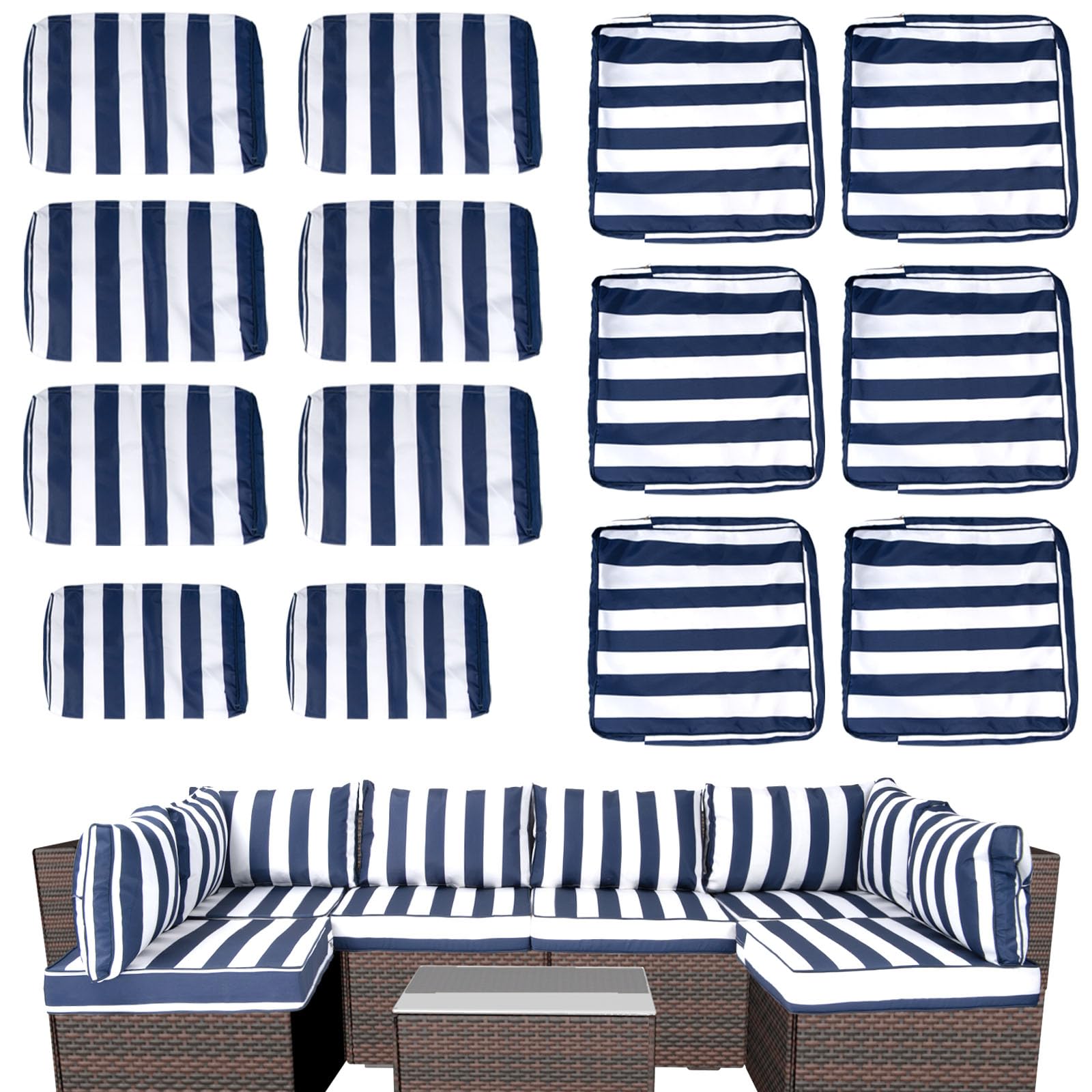 Photo 1 of XX xfasd Outdoor Cushion Covers for Patio Furniture, Patio Cushion Covers Replacement with Zipper, Waterproof & Fade Resistant,Only Cover (Blue and White Stripes, 25.6Lx25.6Wx4H - Only Covers)