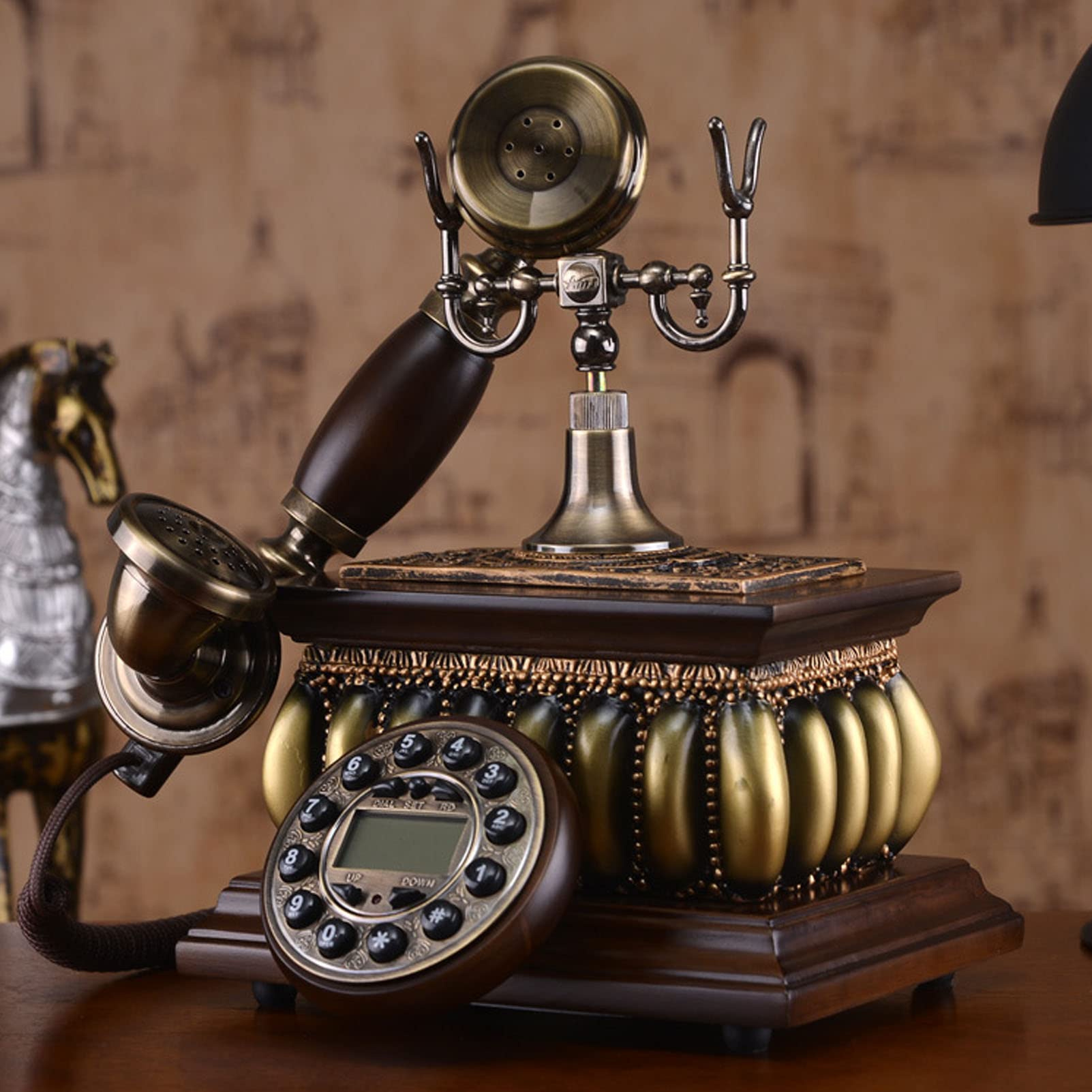 Telefono retrò, Telefono Vecchio Stile, Telefono in Legno, telefoni Vintage con retroilluminazione, Telefono Fisso da Tavolo cablato FSK/DTMF in Stile UE Vintage p,