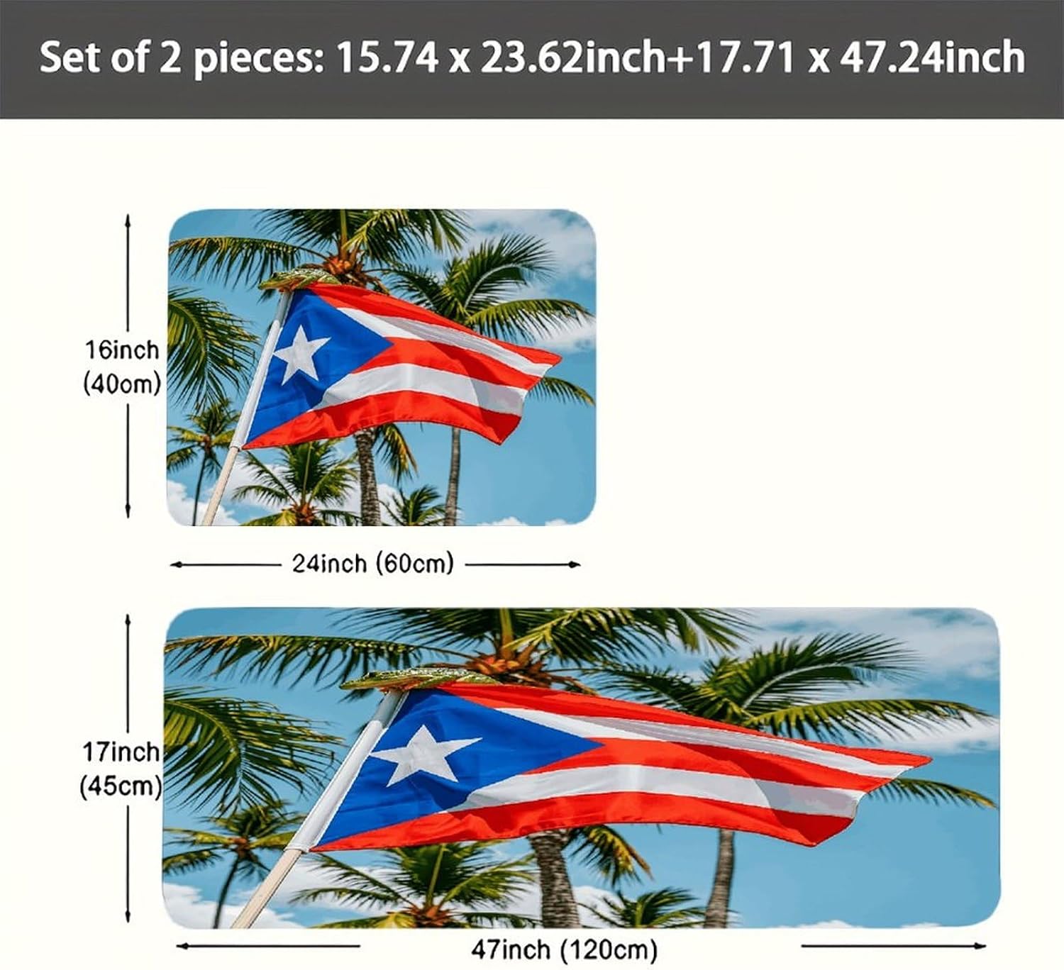 Puerto Rico Flags Frog Palm Trees Kitchen Rugs Set of 2, Non Slip Kitchen Mats for Floor, 16''x24''+17''x47'' Runner Rugs, Washable Absorbent Floor Mats for Laundry, Home Office, Farmhouse Decor