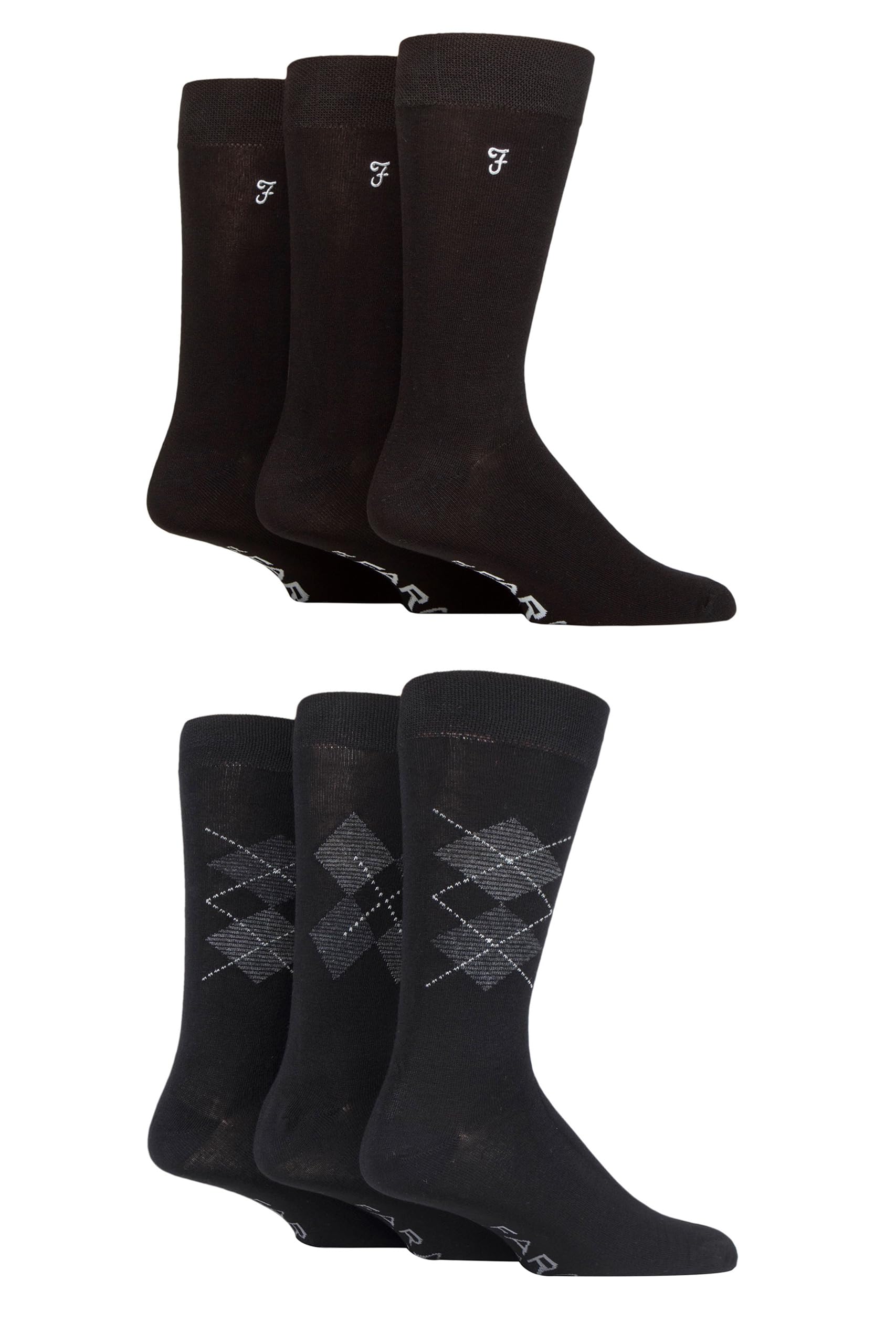 Farah Mens Patterned Bamboo Socks -Plain, Argyle for Everyday Wear, Suit Socks, Soft Breathable Cooling, 6 Pair Multipack Size 6-11 Black Argyle
