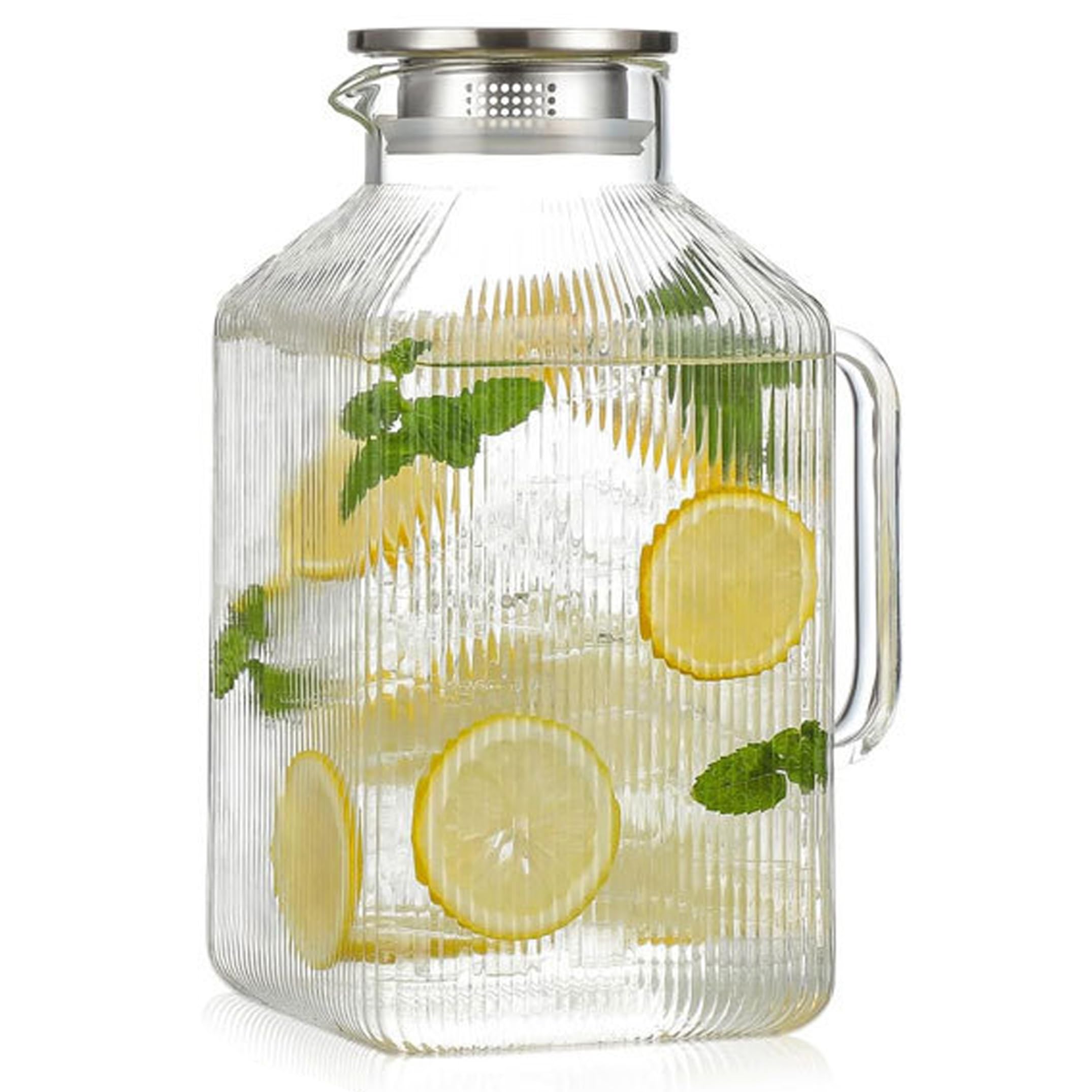 Glaskrug mit Deckel, 3,5 l Glaskrug mit Deckel, quadratisch, vertikal strukturiert, 3,6 l, großes Fassungsvermögen für kalte Getränke
