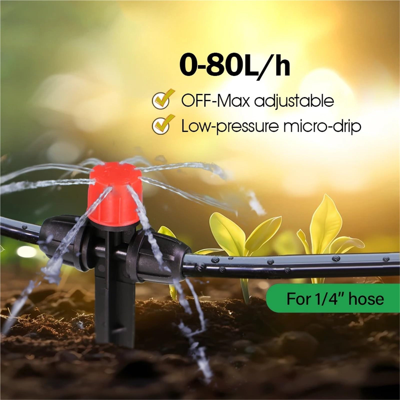 Emettitori per Irrigazione a Goccia Gocciolatore a 8 fori da 1/4″ con picchetto, irrigatore regolabile 0 a 80 l/h, anticaduta, for irrigazione esterna, sistema di a goccia micro(50pcs)