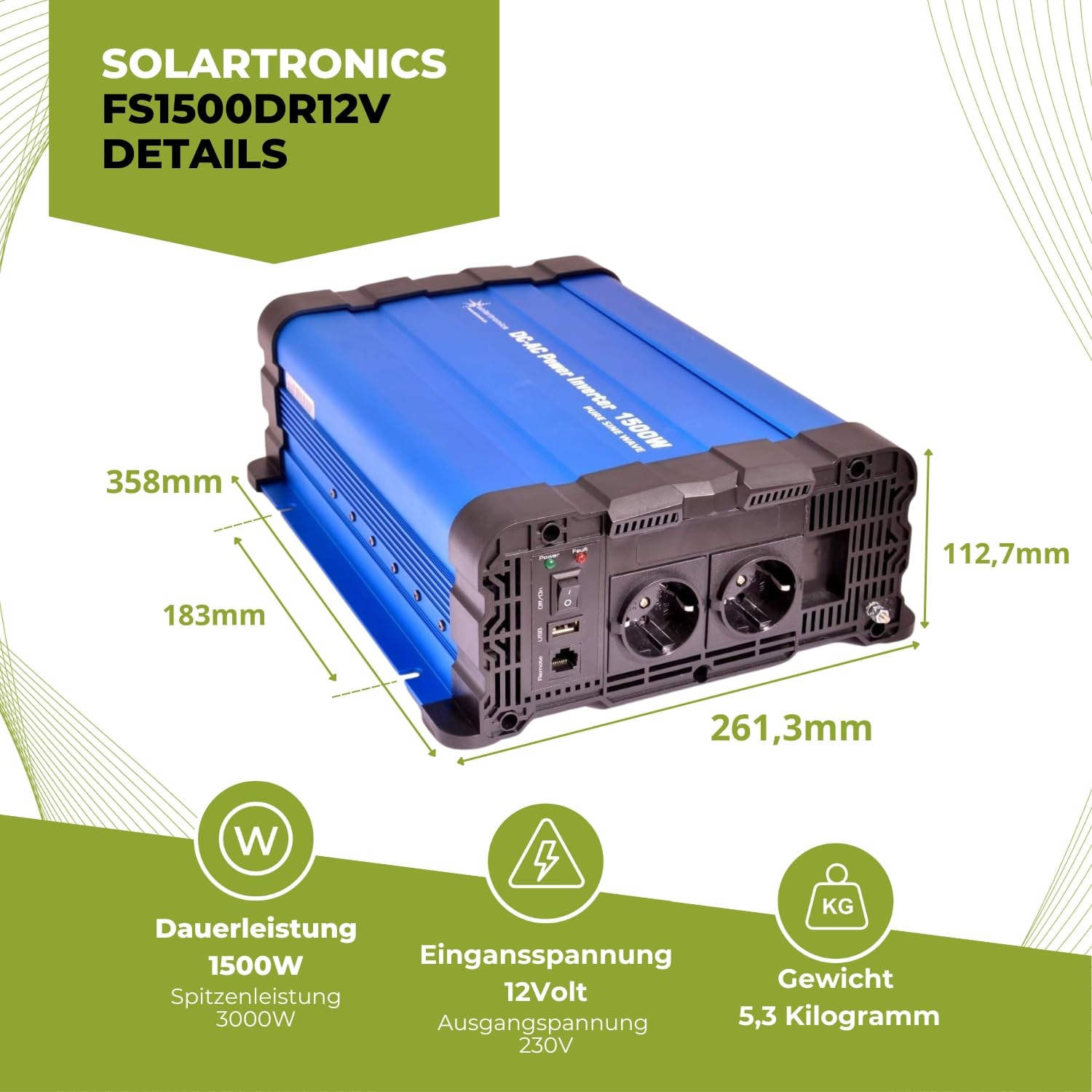 Solartronics Przetwornica napięcia FS1500DR 12V 1500/3000 W czysty sinusoidalny niebieski nie wyświetlacz falownik serii FS z pilotem zdalnego sterowania