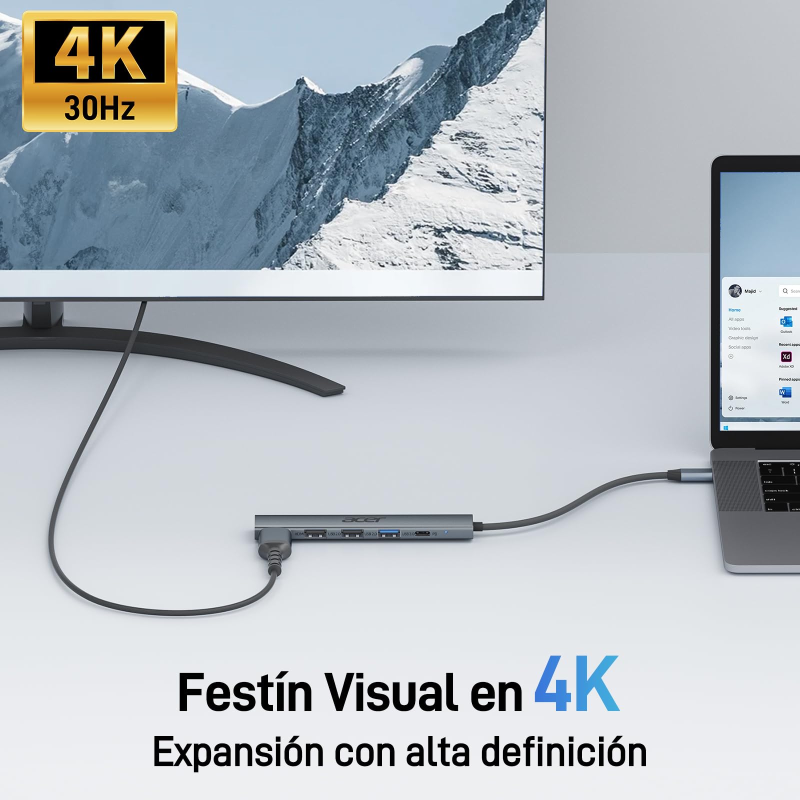 acer Hub USB C 5 en 1, Ataptador USB C a HDMI 4K, Carga PD 100W, 3X Puertos USB A, USB C Hub Multipuerto para Portátiles, PC, Tableta, MacBook Air/Pro, iPad Pro, iPhone 16 Serie