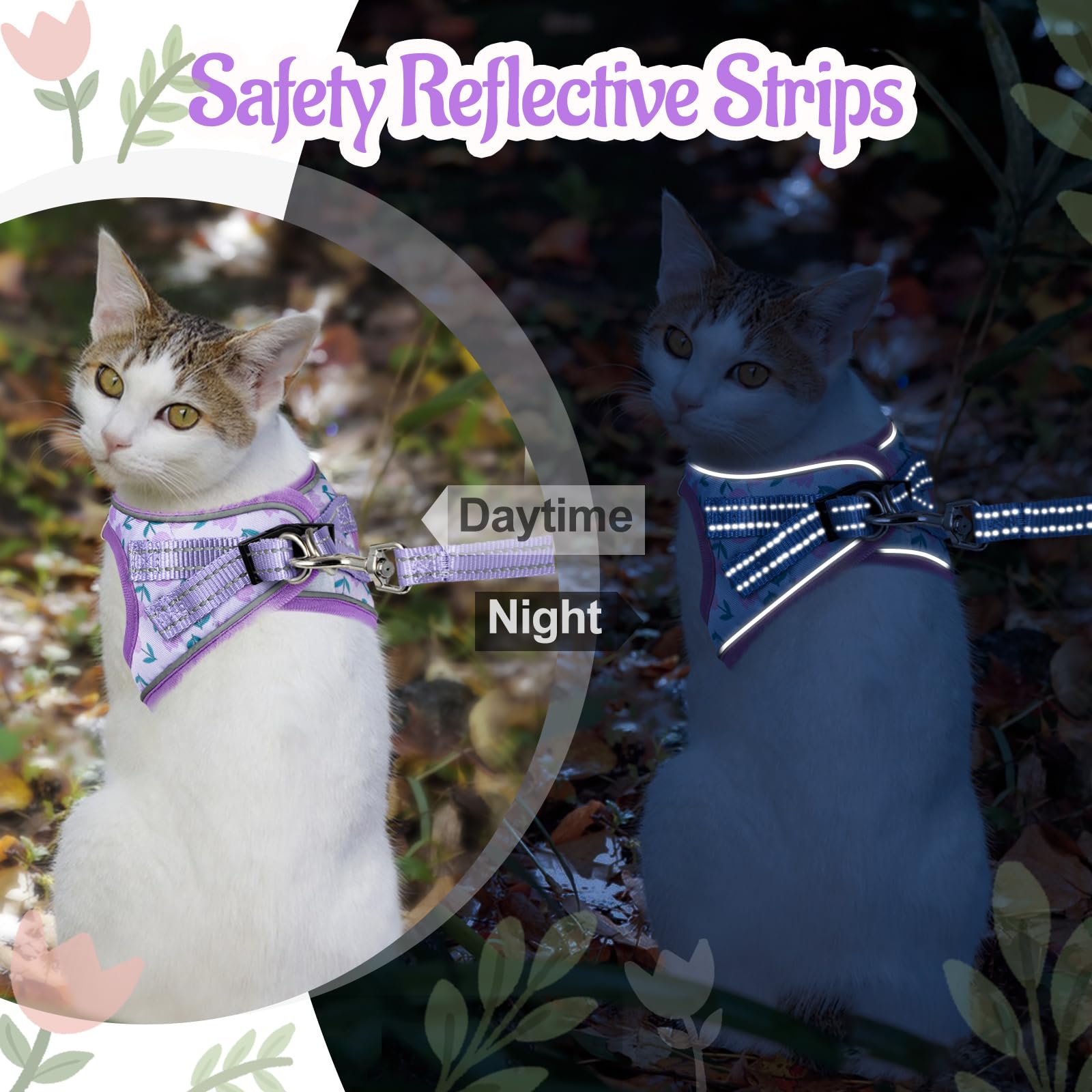 Katzengeschirr und Leine, ausbruchsicher zum Spazierengehen, verstellbares weiches Kätzchengeschirr mit reflektierenden Riemen, Step-in-Weste, Geschirr für kleine Kätzchen und XS-Hunde, Lila