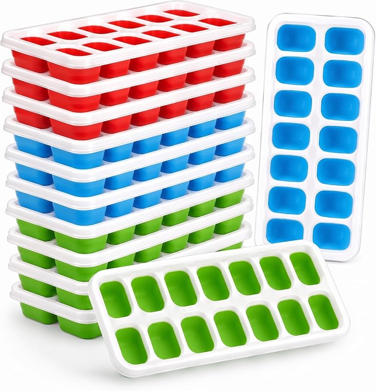 10 Pack Ice Cube Trays with Lids, 14 Cubes Easy Release | Silicone Bottom, PP Freezer Molds, Spill Resistant Covers, 3 Red 3 Blue 4 Green, for Drinks, Fruit, Yogurt, Cocktails, Coffee