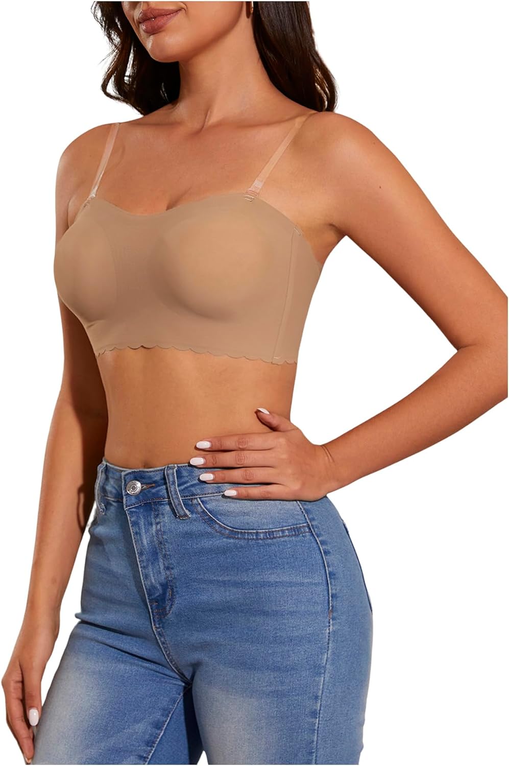 OYOANGLE Women's Scallop Trim Strapless Bandeau Bra Non Slip Padded Wireless Bralettes with Clear Straps