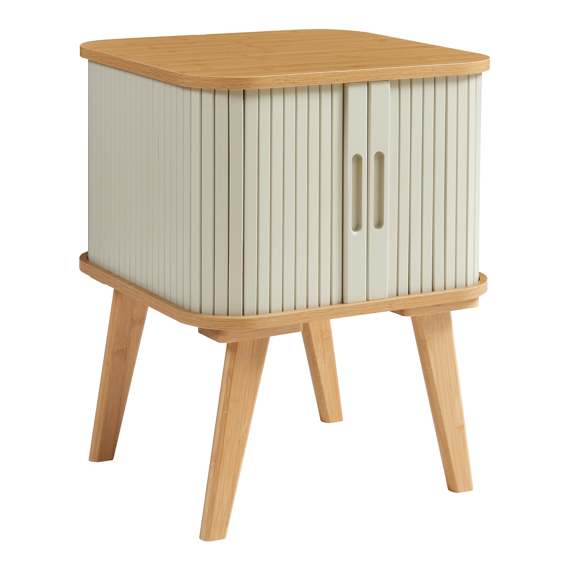 [en.casa] Table d'Appoint Design Scandinave Table de Nuit Chevet Bout de Canapé Table Basse avec Portes Coulissantes Compartiment de Rangement Salon Chambre Bambou 59 x 45 x 45 cm Naturel Blanc Crème
