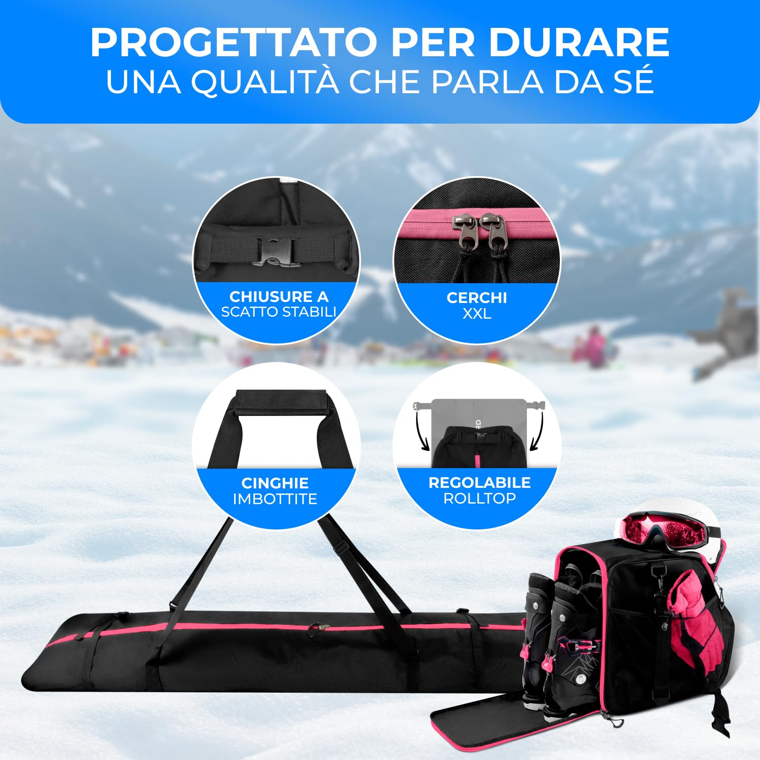 STYNGARD Set sacca sci e scarponi [da 140 cm a 200 cm] borsa porta sci e borsa porta scarponi con scomparto per casco [40 L] con griglia di aerazione Modello Vancouver