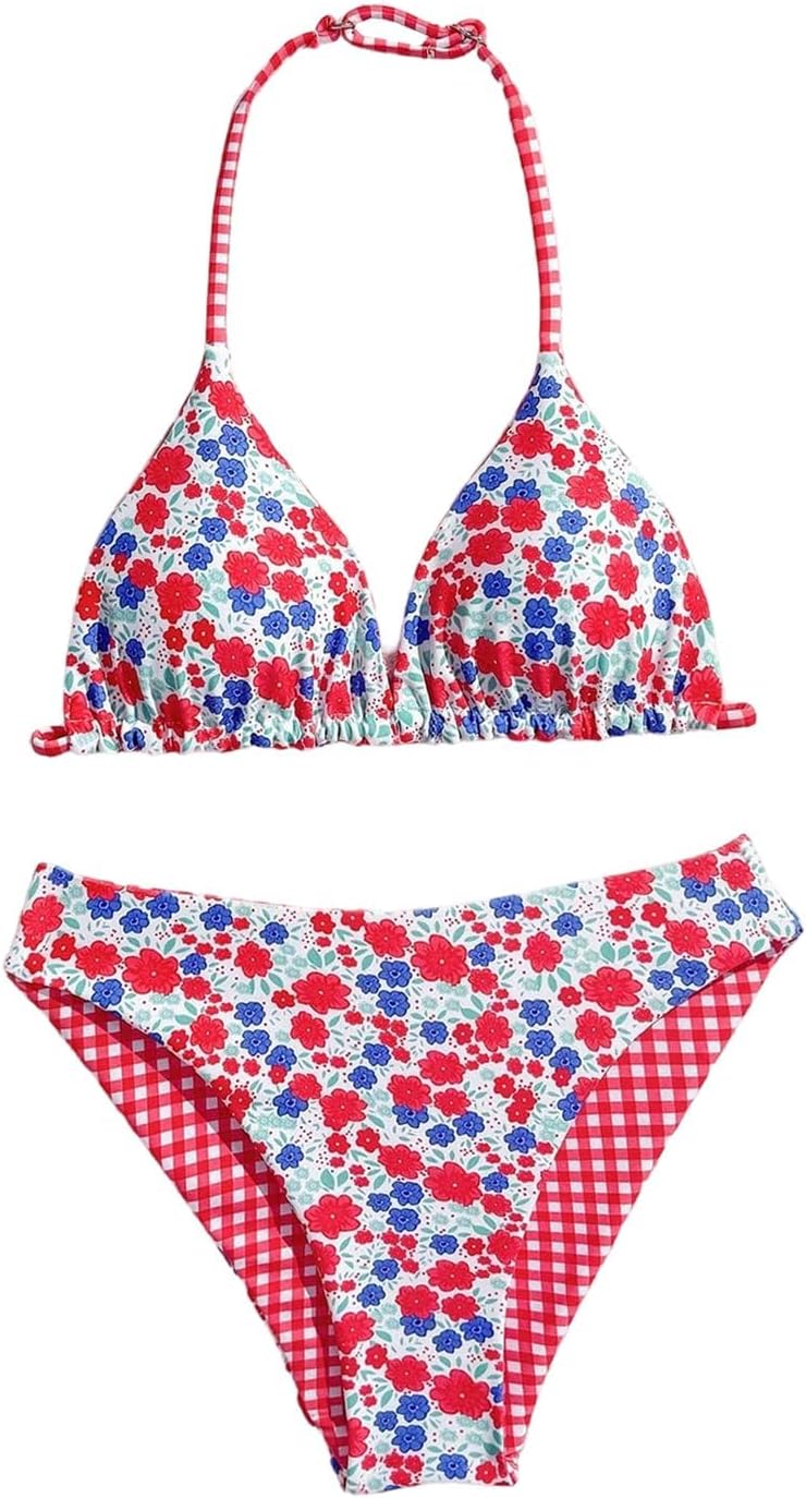 Girl's 2 Piece Swimsuits Floral Gingham Halter Triangle Wireless Bikini Bathing Suit