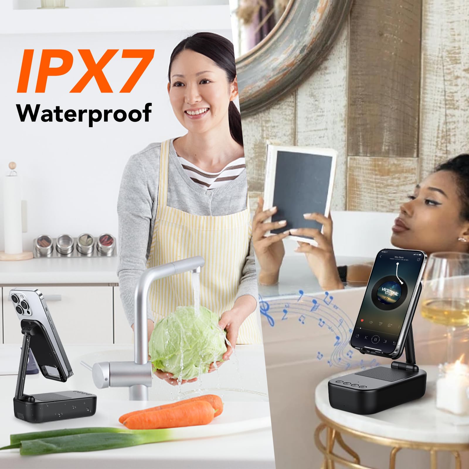 Cassa Bluetooth Potente, Speaker Bluetooth 5.3 Portatile, Supporto Telefono con Altoparlante Wireless,IP7 Impermeabile Altoparlante, Antiscivolo e Audio Surround HD, Regolabile per Phone/Pad | Speaker Bluetooth 5.3 Portatile,IP7 Impermeabile Altoparlante,