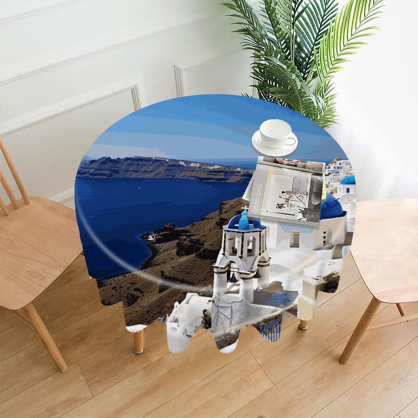 VstaDank Santorini Greek Island Sea View Tablecloth Easy to Clean Polyester Round Table Cover Washable Round Table Cloth Wrinkle-Free Circle Decoration Tablecloth for Kitchen Dining Room 60"