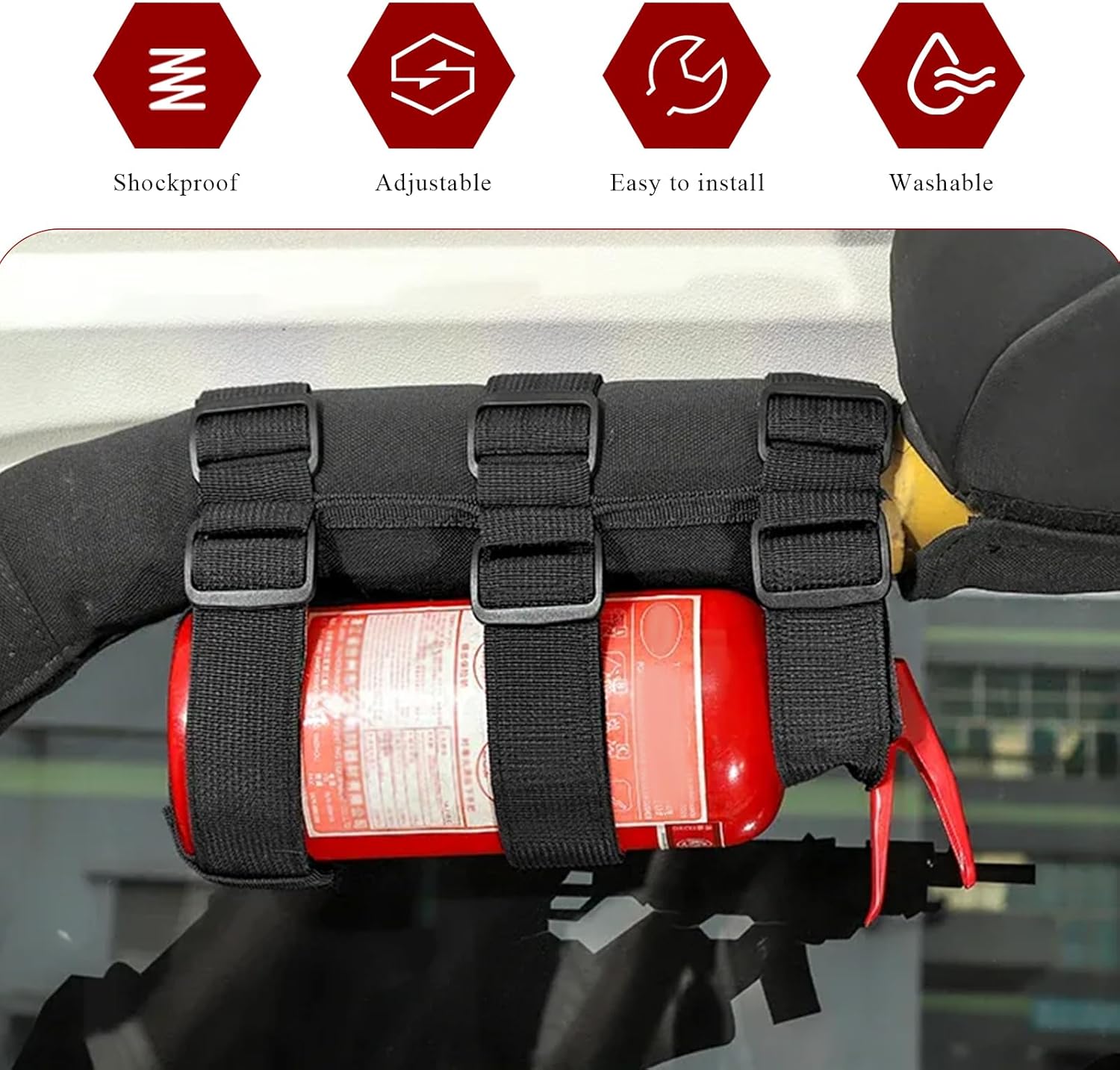 Fire Extinguisher Holder, Adjustable Fire Extinguishers Fixed Belt Mount Strap with American Flag Pattern, Extinguisher Roll Bar Strap Bracket for Wrangler JK JKU TJ CJ Gladiator (Black)