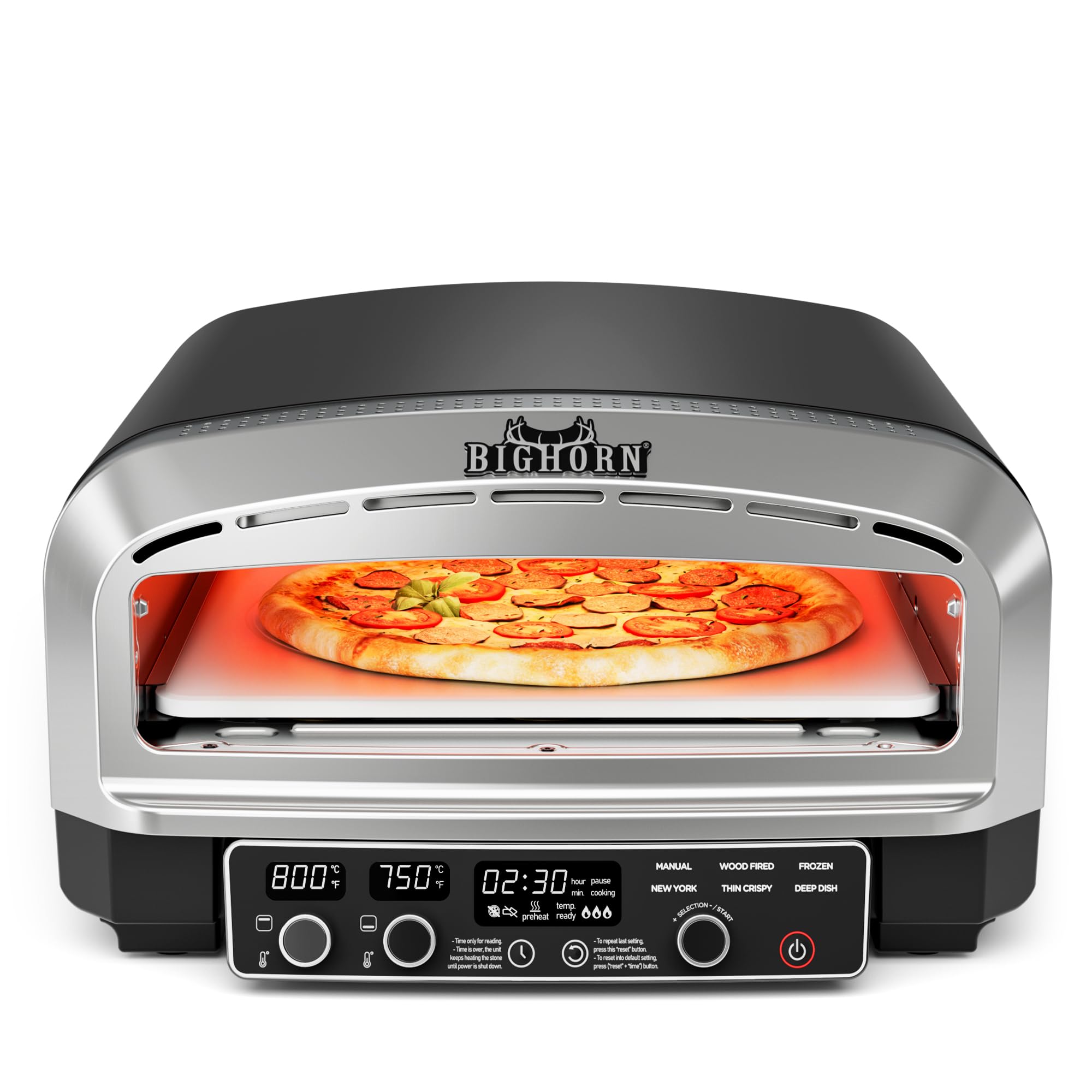 BIG HORN OUTDOORS Pizza Oven Indoor, 14 Inch Electric Countertop Pizza Oven with 6 Preset Modes, Perfect Pizza Maker Machine for Home, Pizza Cooker with Pizza Stone and Pizza Peel, Stainless Steel