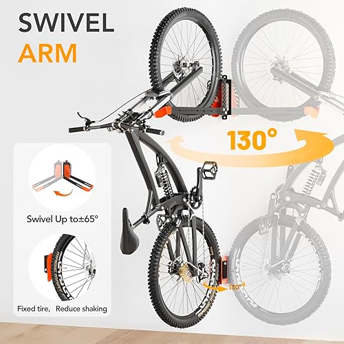 Miniatura 4 de Paquete de 3 soportes giratorios de pared para bicicleta, soportes verticales para bicicletas que ahorran espacio, soporta hasta 77 libras,