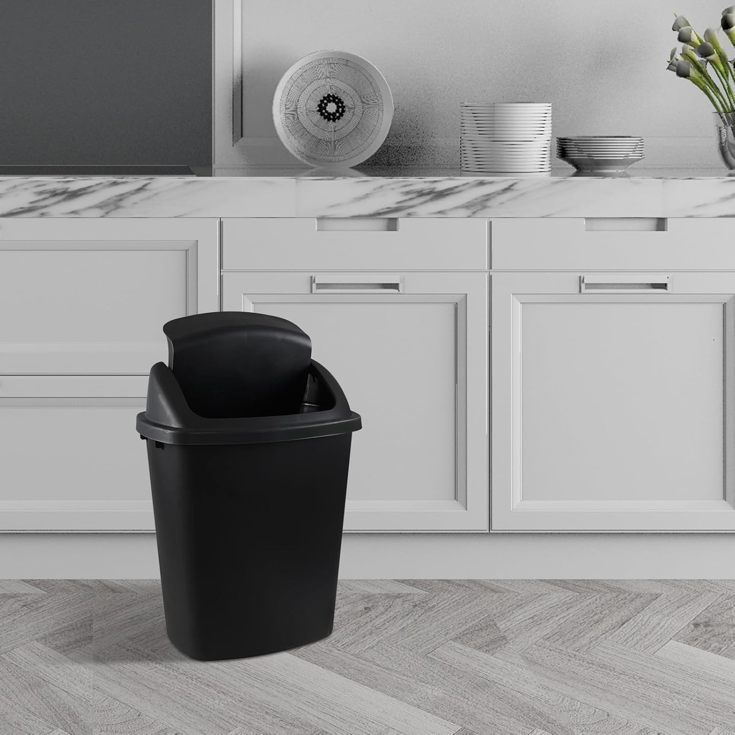4 Pack 6.6 Gallon Black Garbage Bins, Plastic Trash Can with Swing Lid