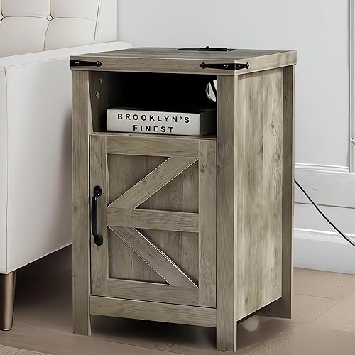 Miniatura 3 de Juego de 2 mesitas de noche de granja color gris, mesa auxiliar rústica con puerta de granero y estante, mesita de noche con estación de carga para